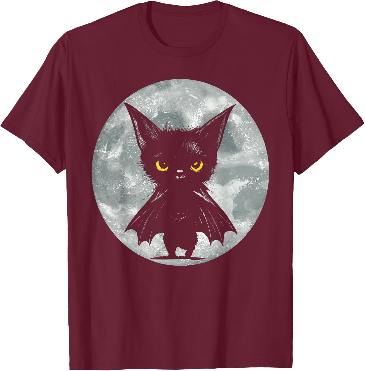 Halloween Cat and Moon: Grumpy Black Kitten In Bat Costume T-Shirt - T-Shirt | Maroon