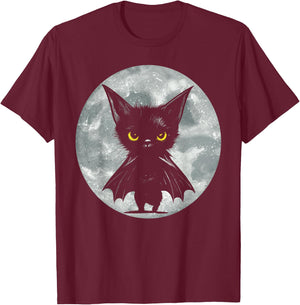 Halloween Cat and Moon: Grumpy Black Kitten In Bat Costume T-Shirt - T-Shirt | Maroon