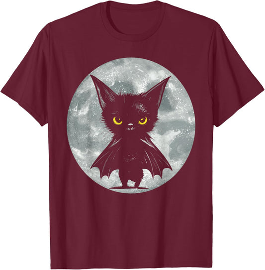 Halloween Cat and Moon: Grumpy Black Kitten In Bat Costume T-Shirt - T-Shirt | Maroon