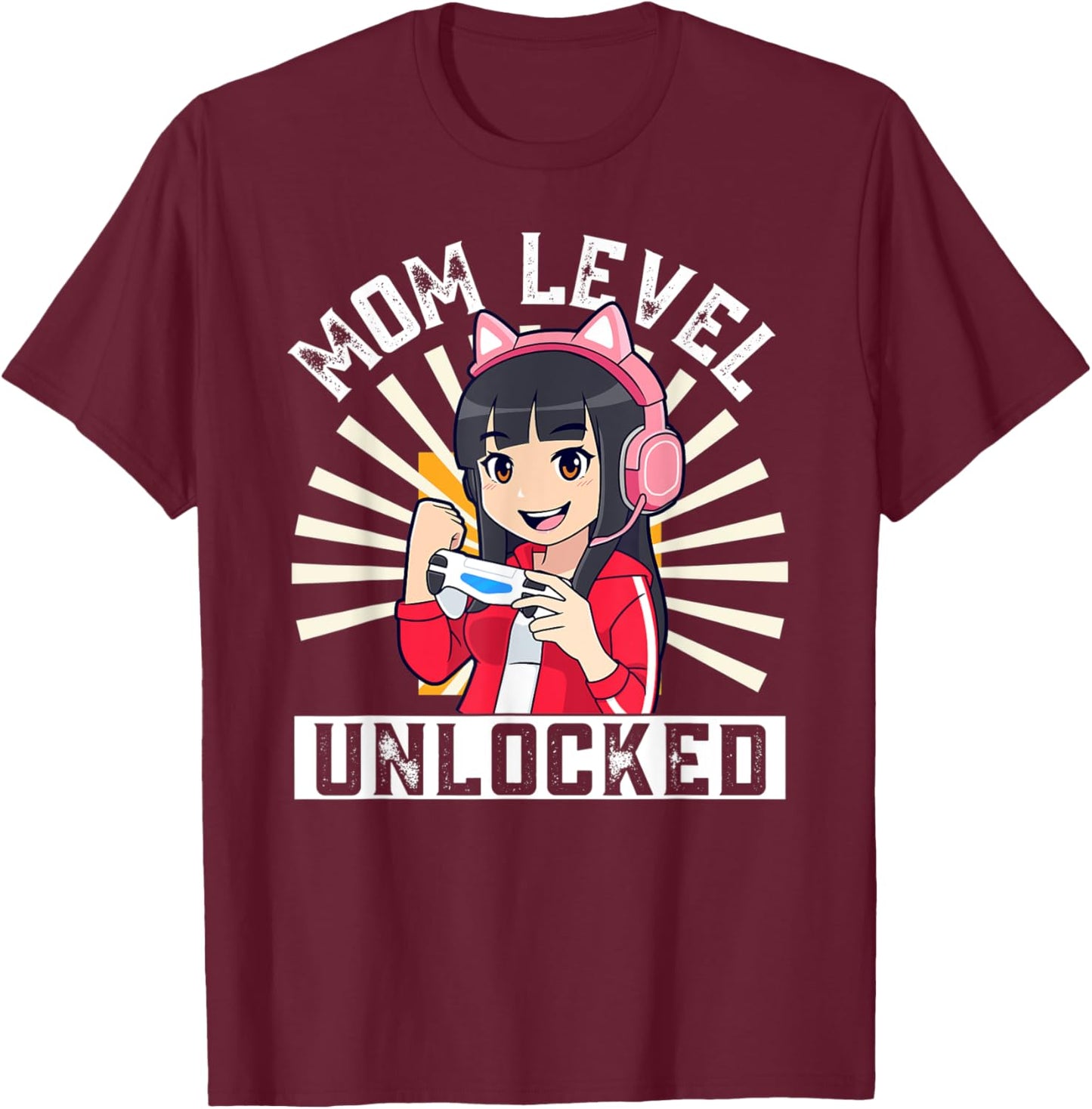 Mom Level Unlocked Gamer Pregnancy Anime Mother's Day Lover T-Shirt - T-Shirt | Maroon