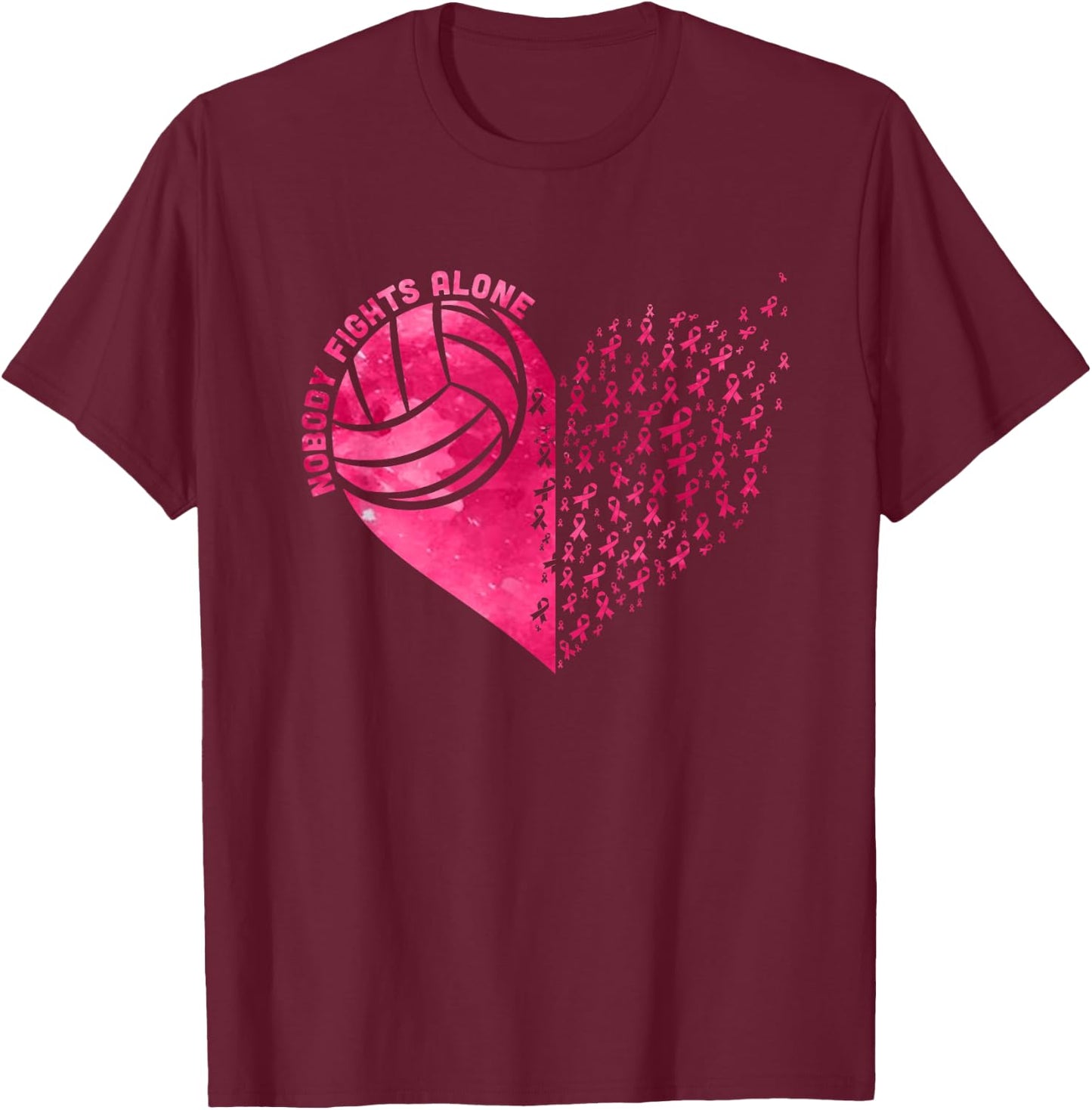 Nobody Fights Alone Pink Volleyball Breast Cancer Awareness T-Shirt - T-Shirt | Maroon