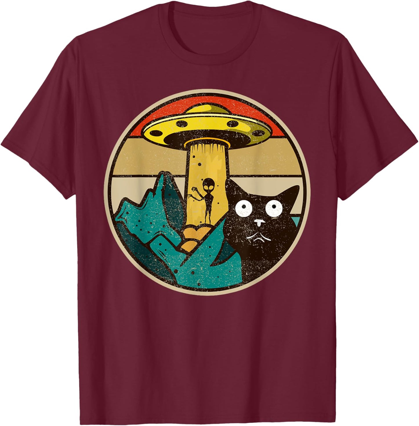 UFO - Crazy Cat & Alien T-Shirt - T-Shirt | Maroon