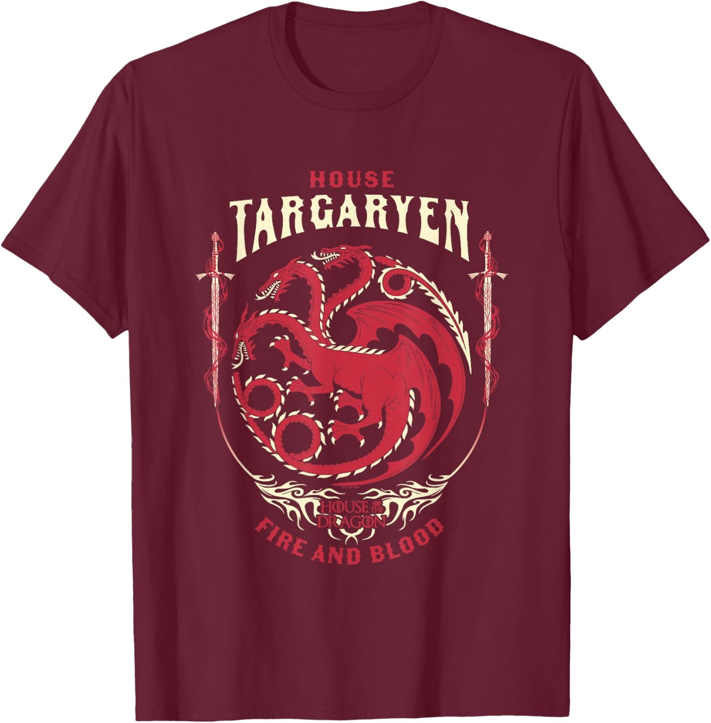 House of the Dragon House Of Targaryen Fire And Blood Badge T-Shirt - T-Shirt | Maroon