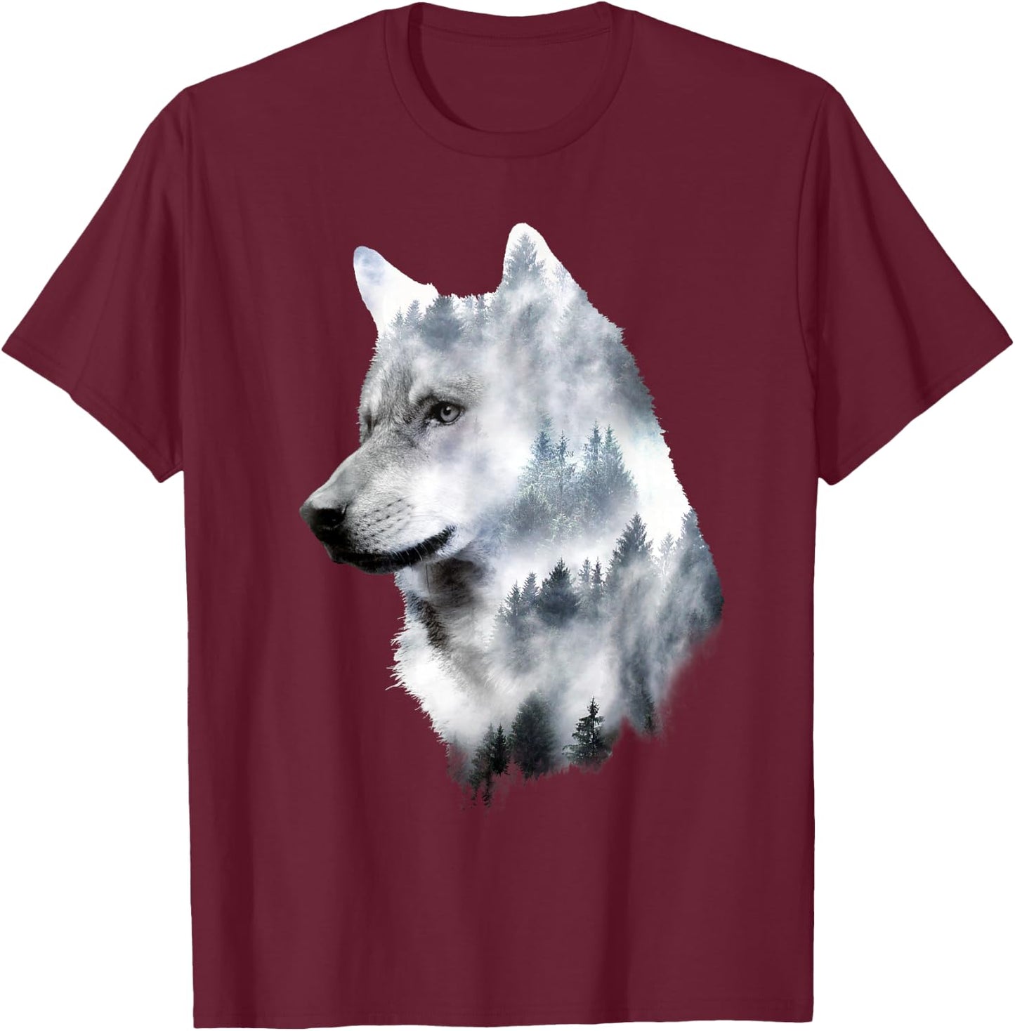 Dramabite Double Exposure Wolf - Men's Black Small Classic Fit Short Sleeve Animal-Wolf Graphic T-Shirt - T-Shirt | Maroon