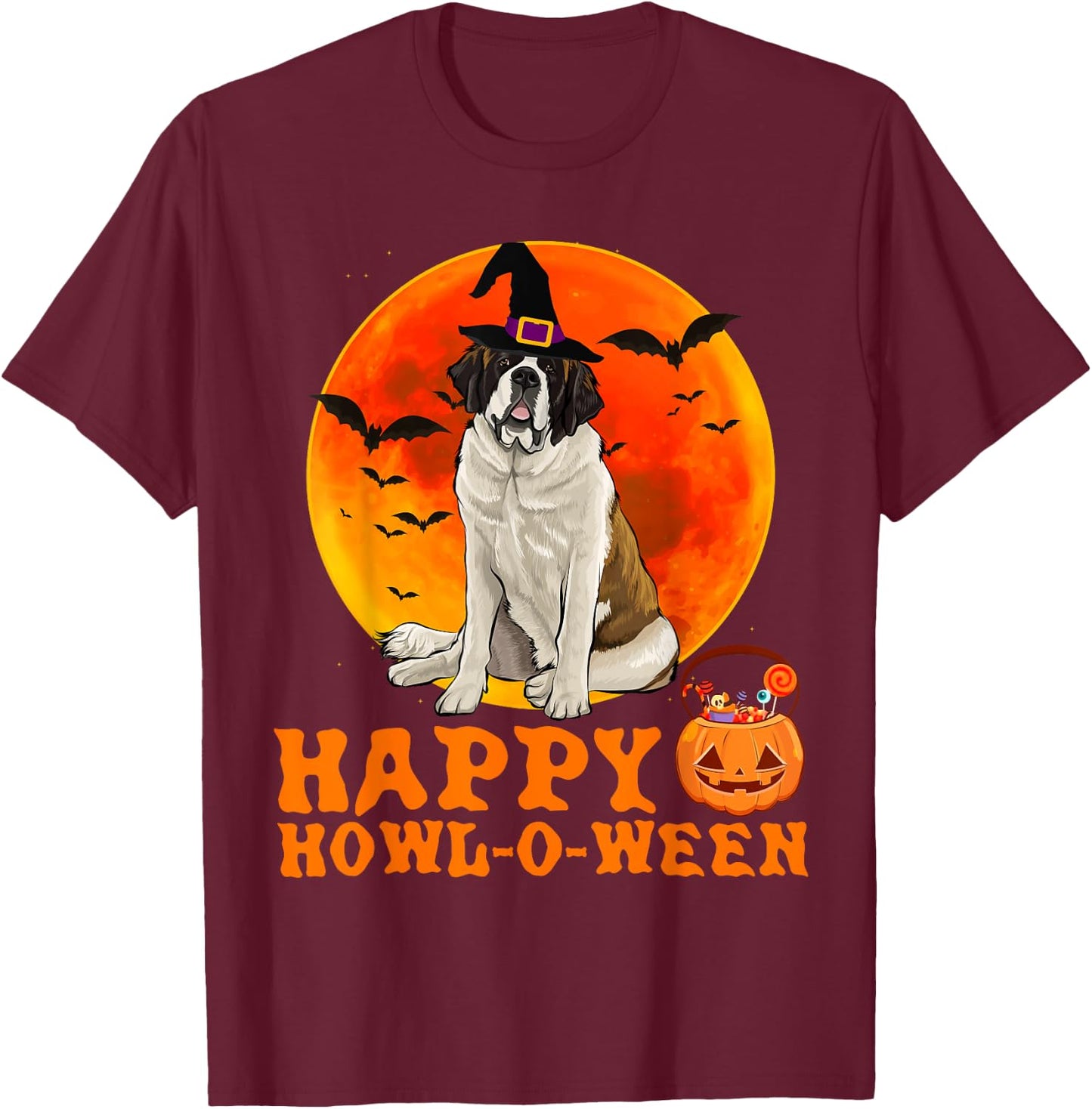 Funny St. Bernard Dog Halloween Happy Howl-o-ween T-Shirt - T-Shirt | Maroon