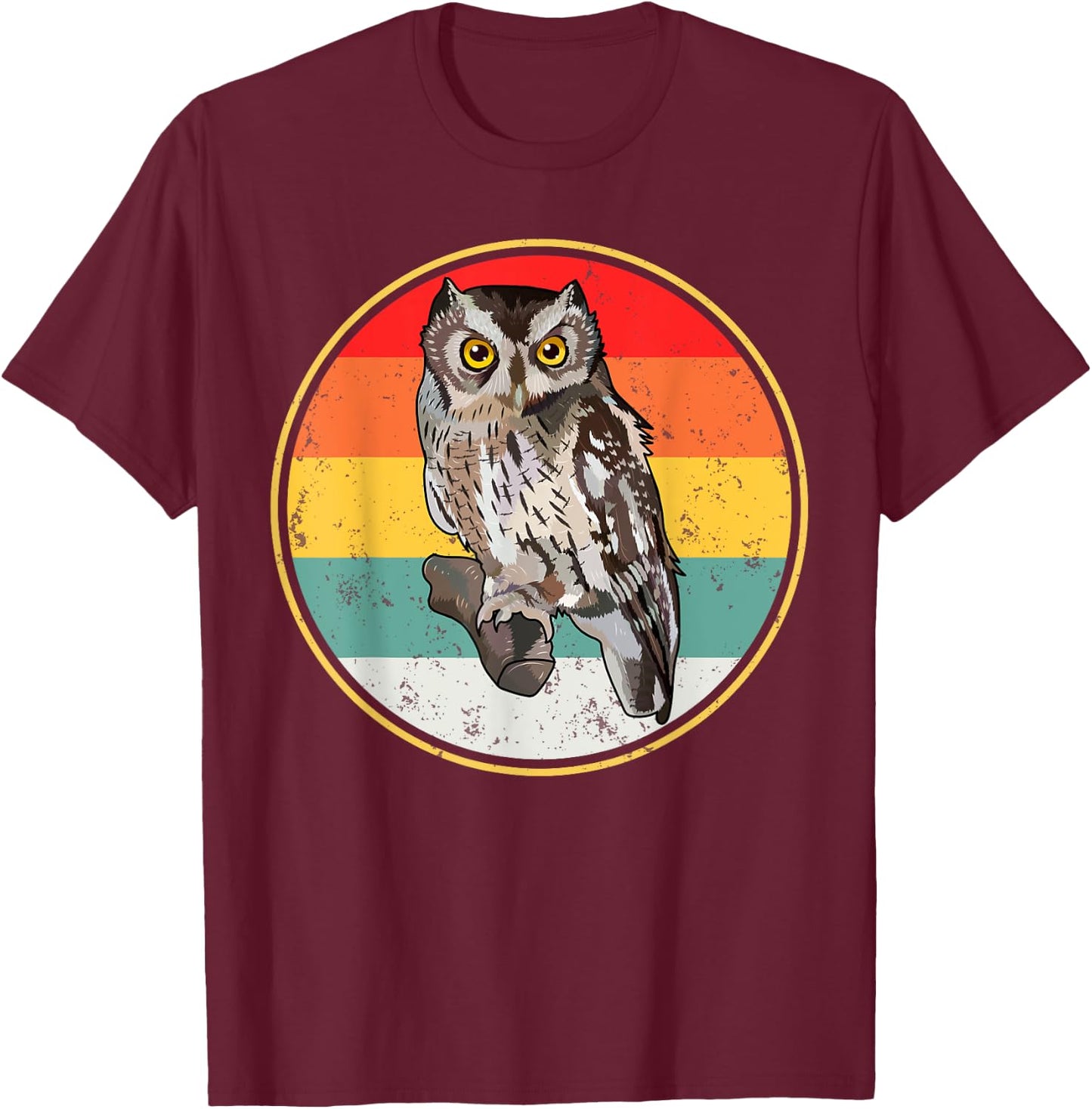 Vintage Retro Sunset Whiskered Screech-Owl Bird T-Shirt - T-Shirt | Maroon