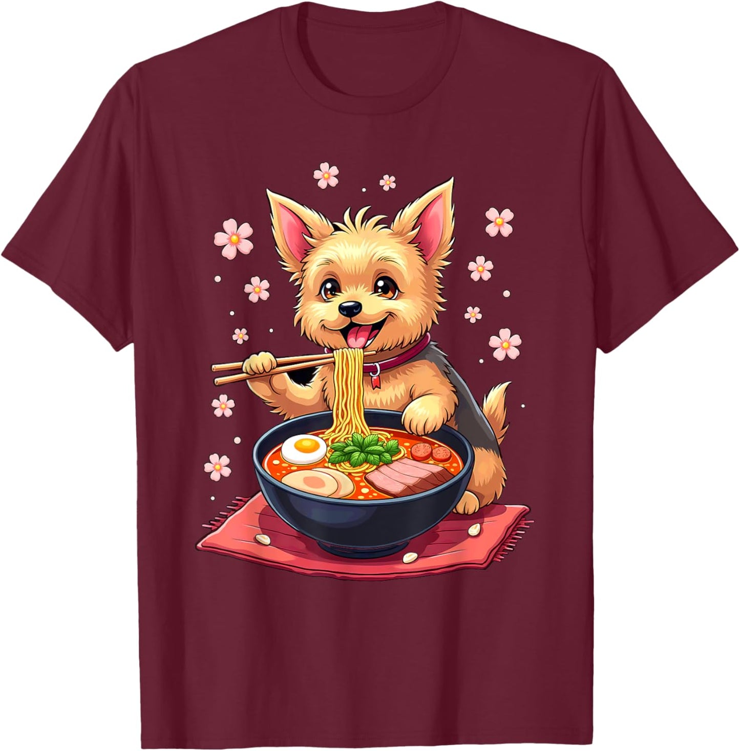 Japanese Kawaii Yorkie Dog Eating Ramen T-Shirt - T-Shirt | Maroon