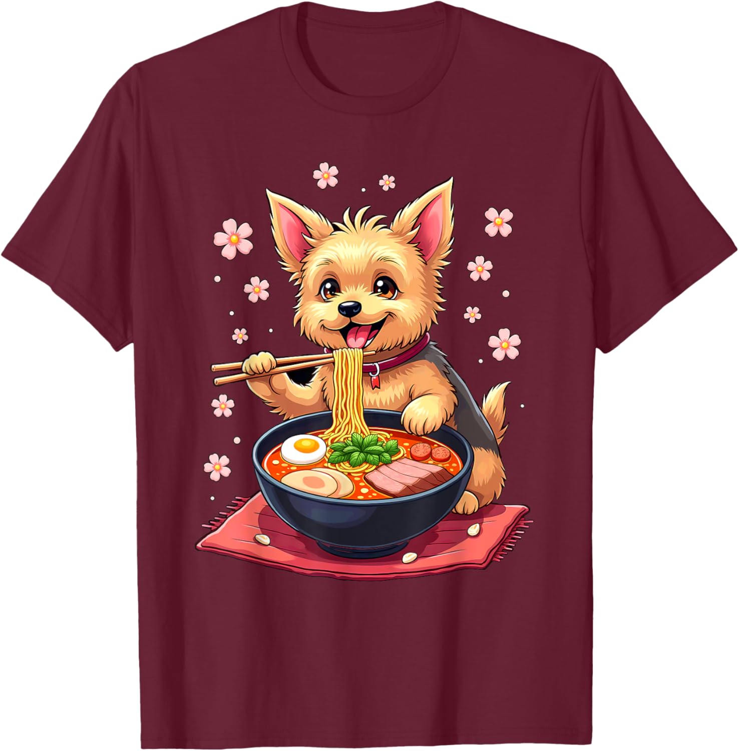 Japanese Kawaii Yorkie Dog Eating Ramen T-Shirt - T-Shirt | Maroon