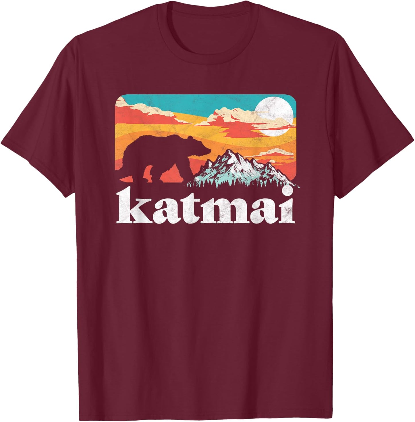 Katmai Alaska Retro Bear & Mountain Vintage 80s Graphic T-Shirt - T-Shirt | Maroon