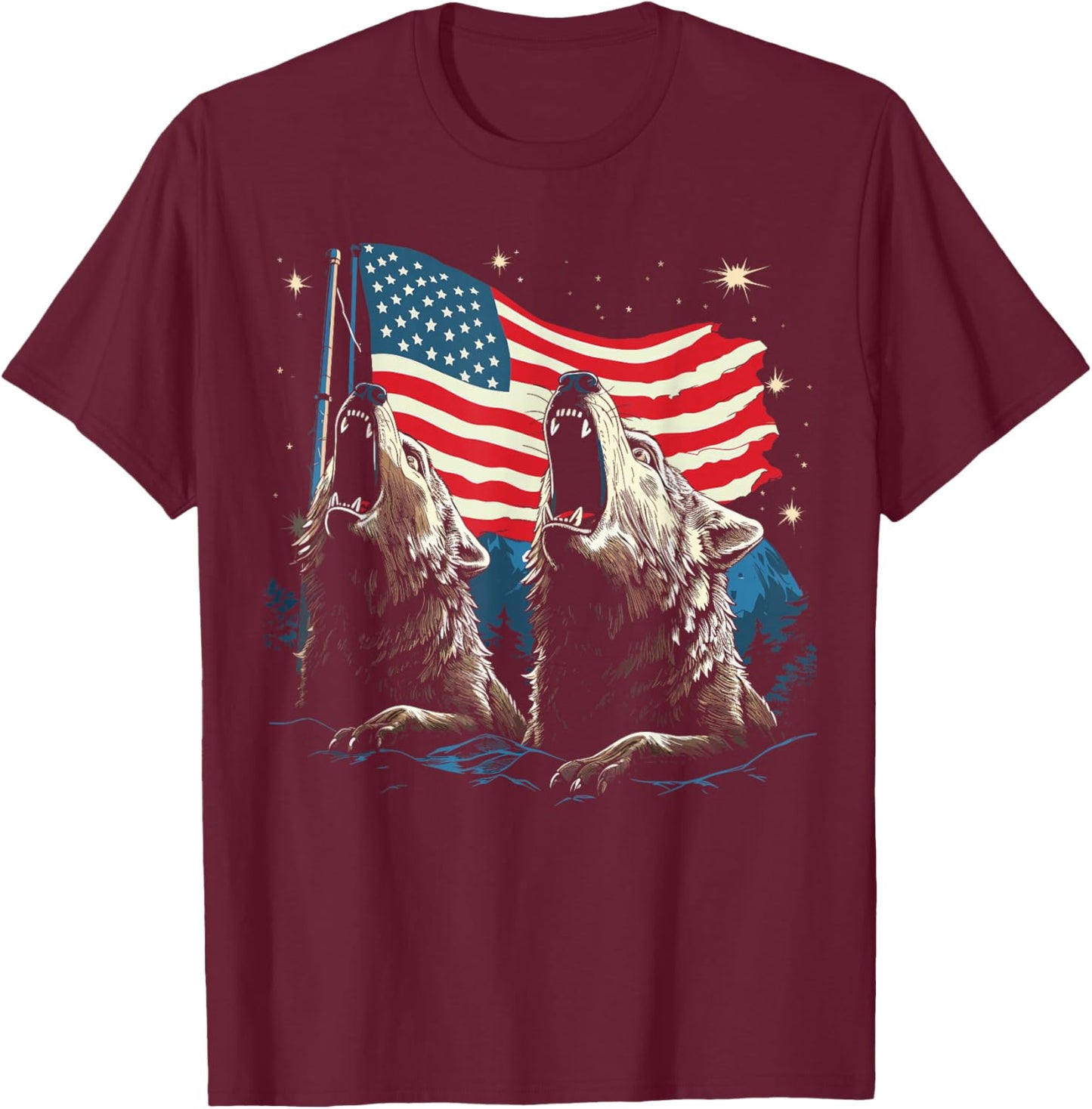 Wolves Moon Howling Wolf American Flag Wolves T-Shirt - T-Shirt | Maroon