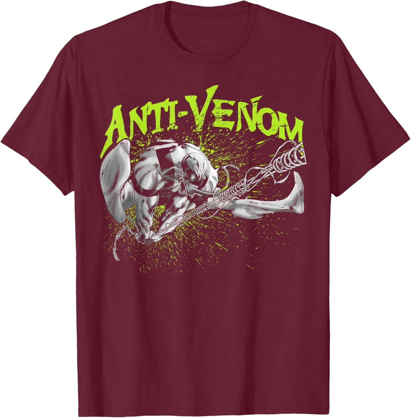 Marvel Anti-Venom Green Splatter Web Swing Action Shot T-Shirt - T-Shirt | Maroon