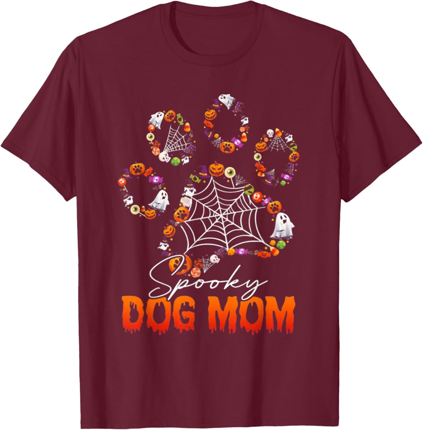 Spooky Dog Mom Cute Dog Paw Halloween T-Shirt - T-Shirt | Maroon