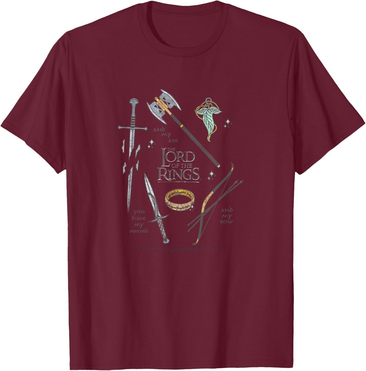 Lord of The Rings Fellowship Weapons Grid Small T-Shirt - T-Shirt | Maroon