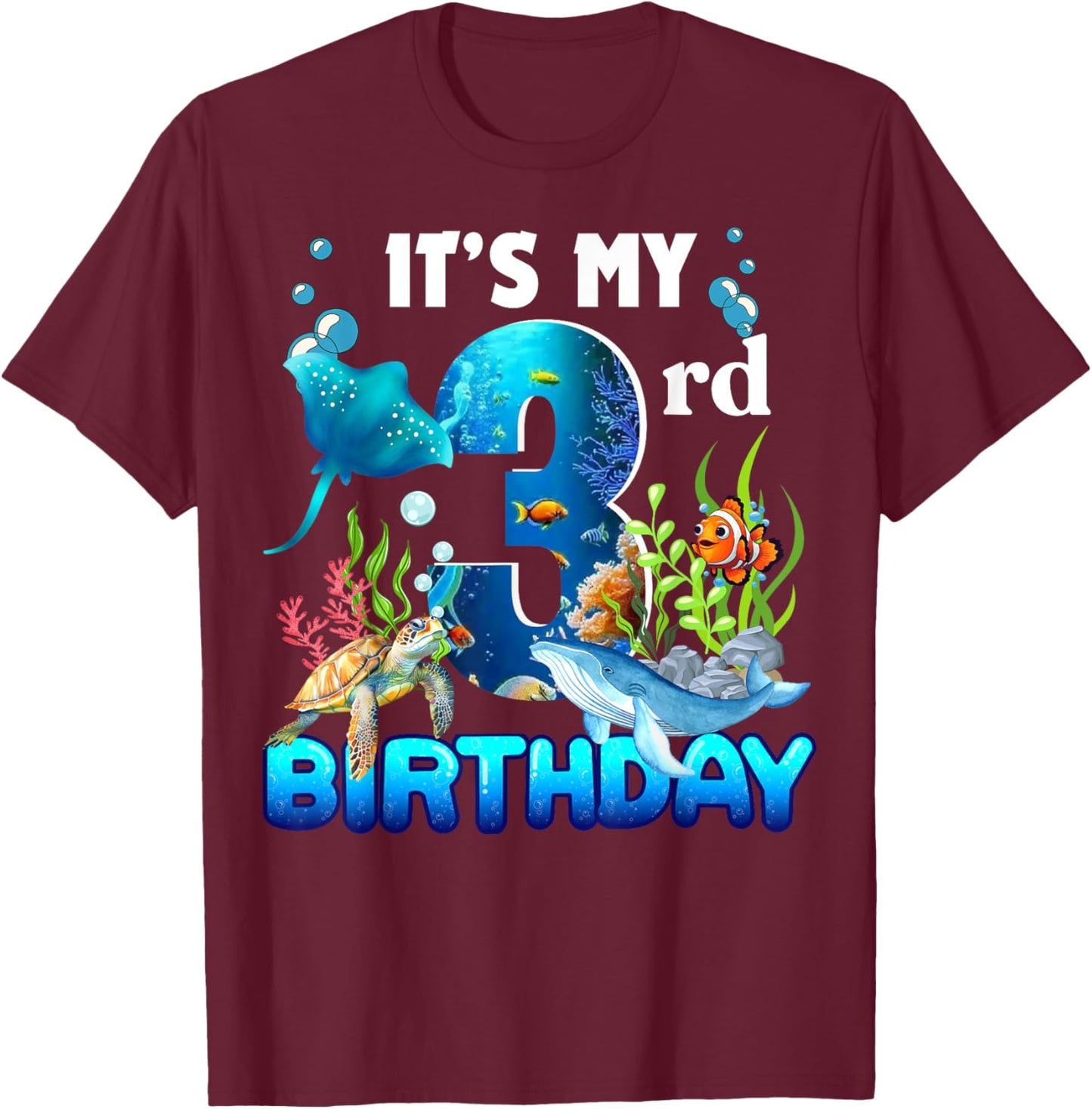 It's My 3rd Birthday Party Ocean 3 Years Old Sea Fish B-Day T-Shirt - T-Shirt | Maroon