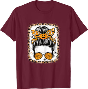 Cute Halloween Messy Bun Scare Halloween Women Girls T-Shirt - T-Shirt | Maroon