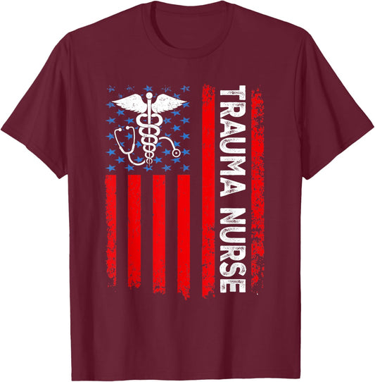 Trauma Nurse American Flag Patriotic 4th of July Men T-Shirt - T-Shirt | Maroon