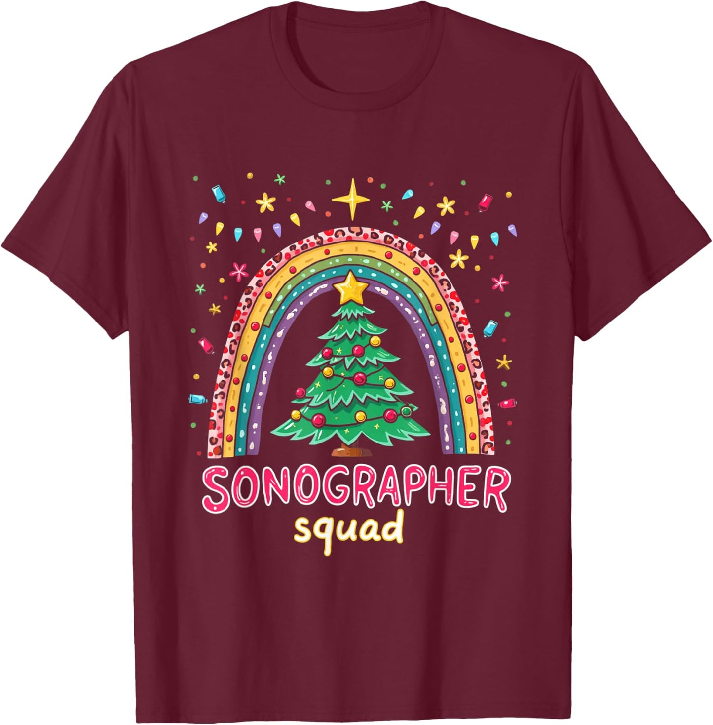 Sonography Christmas Plaid Leopard Rainbow Sonographer Squad T-Shirt - T-Shirt | Maroon