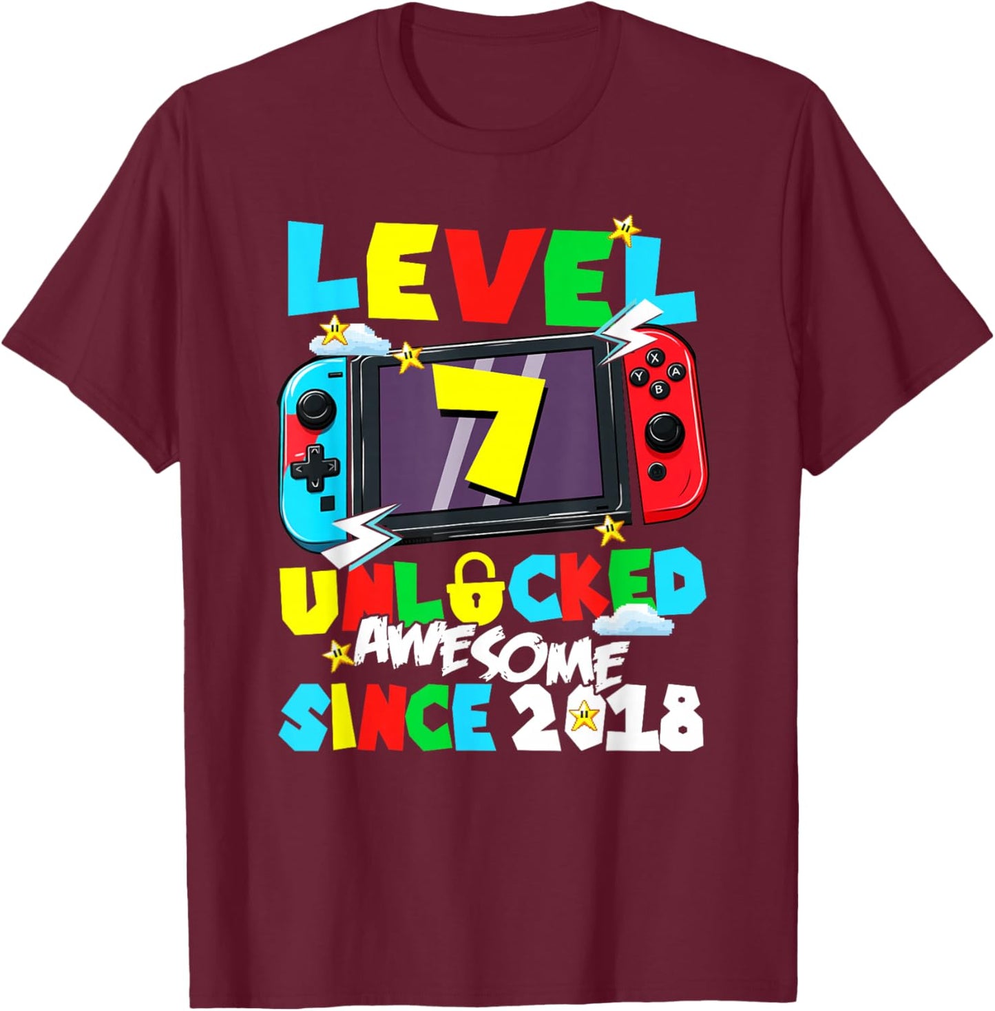 Level 7 Unlocked Awesome Since 2018 7th Birthday Video Gamer T-Shirt - T-Shirt | Maroon