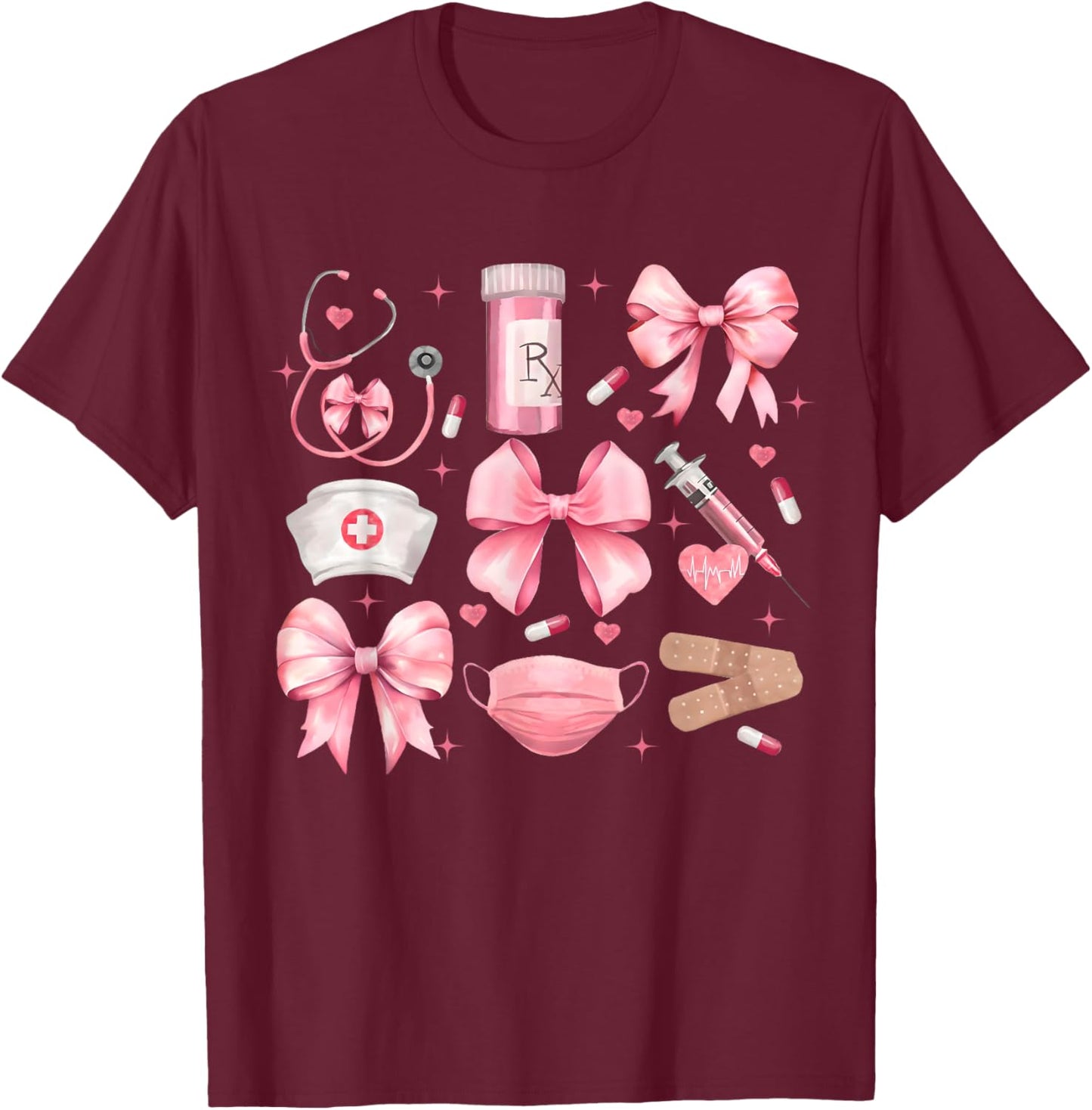 Women Pink Retro Nurse Coquette Pink Bow Girlie Nurse Life T-Shirt - T-Shirt | Maroon