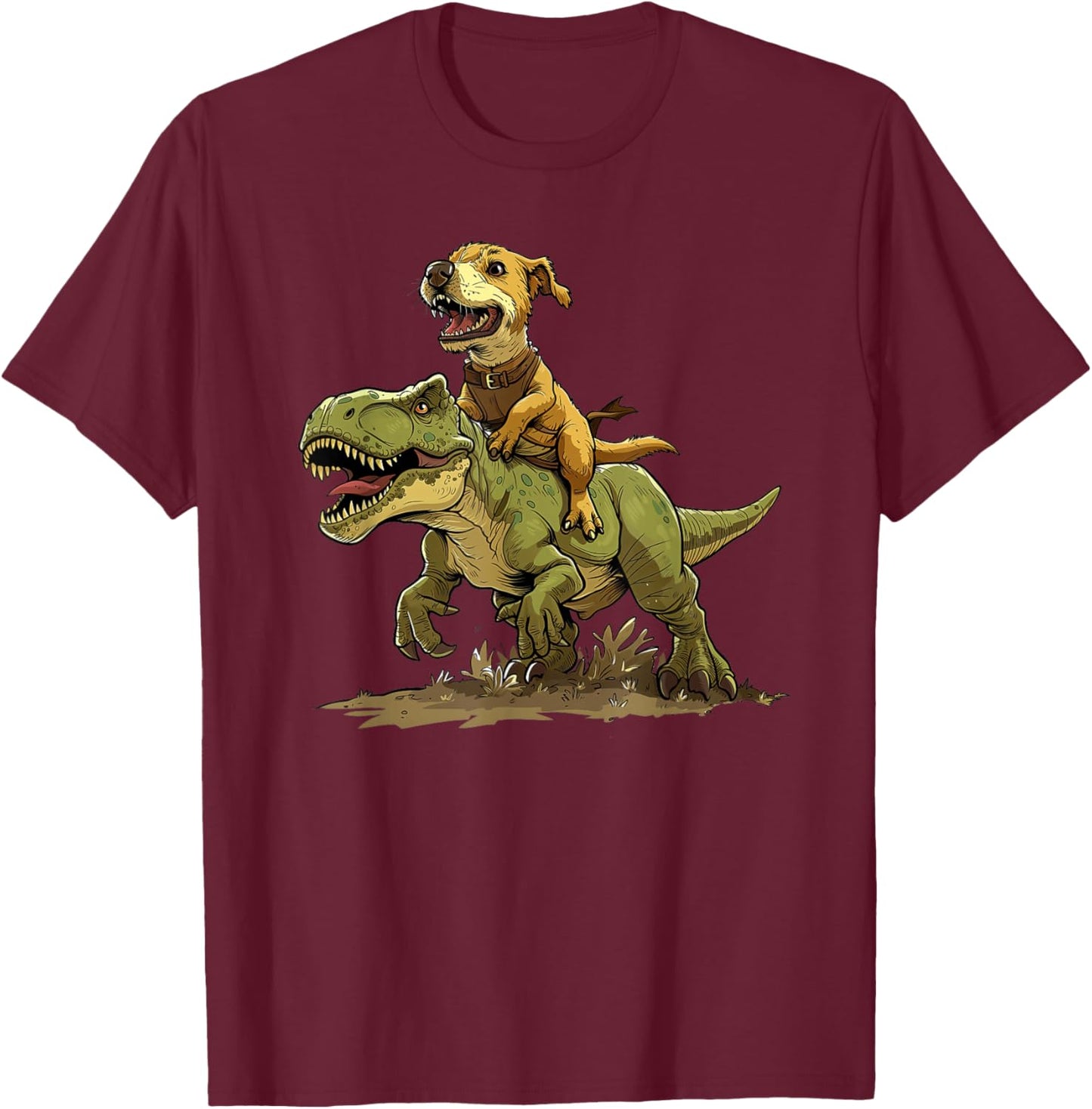Funny Dog Riding A Dinosaur - Doggosaur - Dinosaur Dog T-Shirt - T-Shirt | Maroon