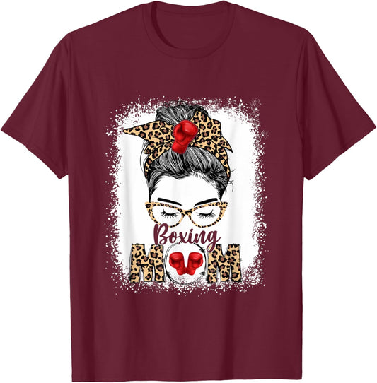 Funny Boxing Gloves Messy Bun Boxing Mom T-Shirt - T-Shirt | Maroon