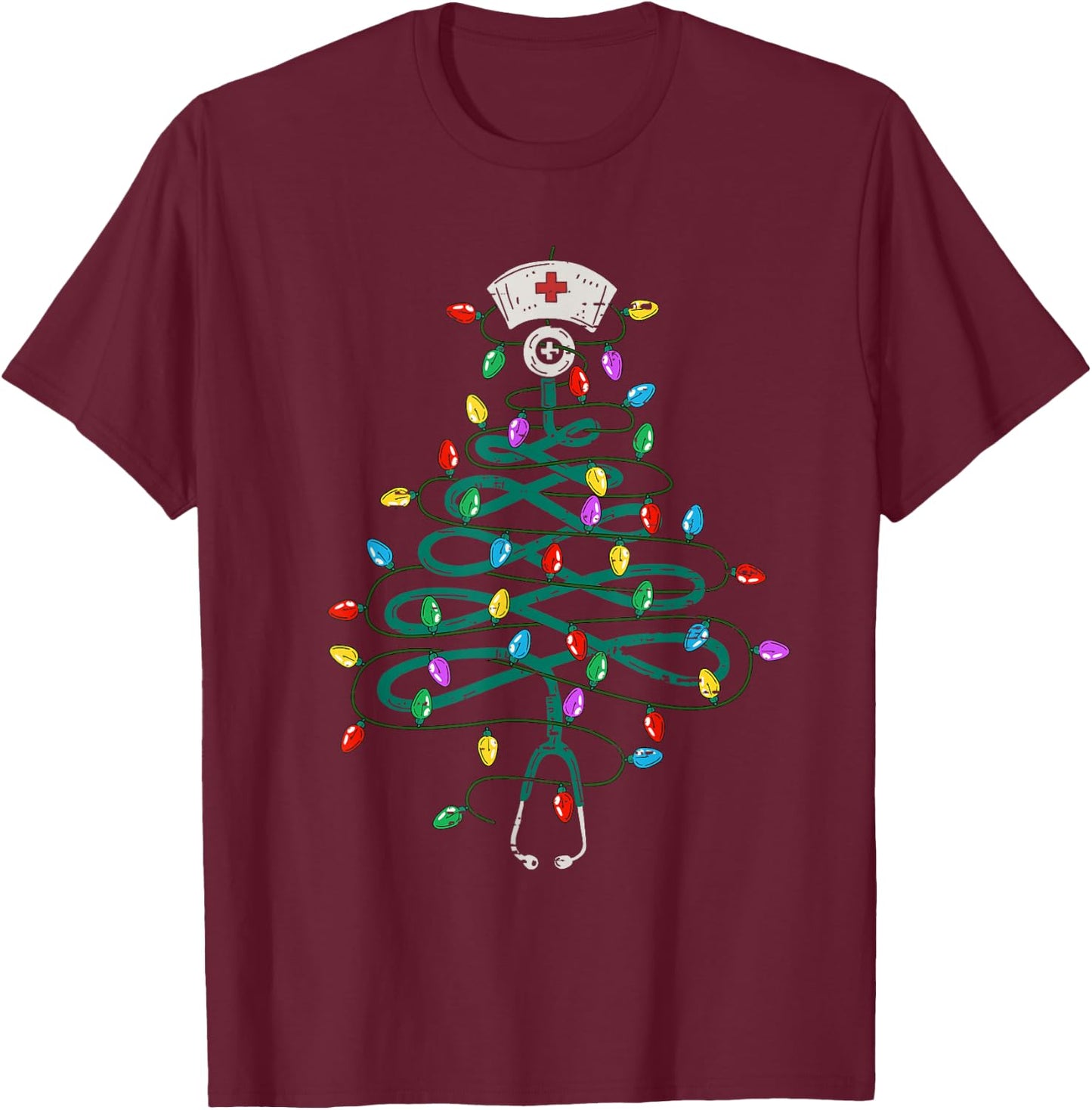 Stethoscope Christmas Tree Lights Nurse Christmas Scrub Top T-Shirt - T-Shirt | Maroon