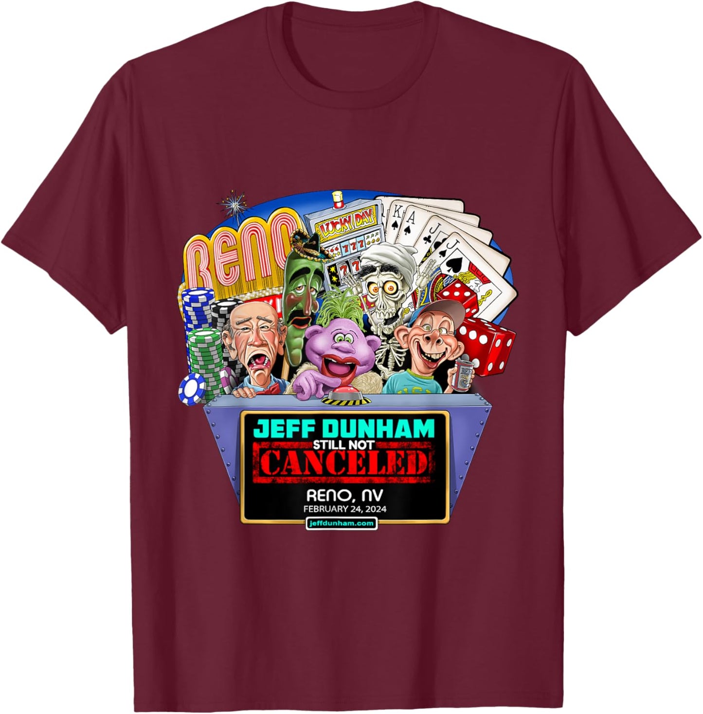 Jeff Dunham Reno, NV (2024) T-Shirt - T-Shirt | Maroon
