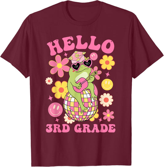 Hello Third 3rd Grade-Back To School Groovy Frog Funny Kids T-Shirt - T-Shirt | Maroon