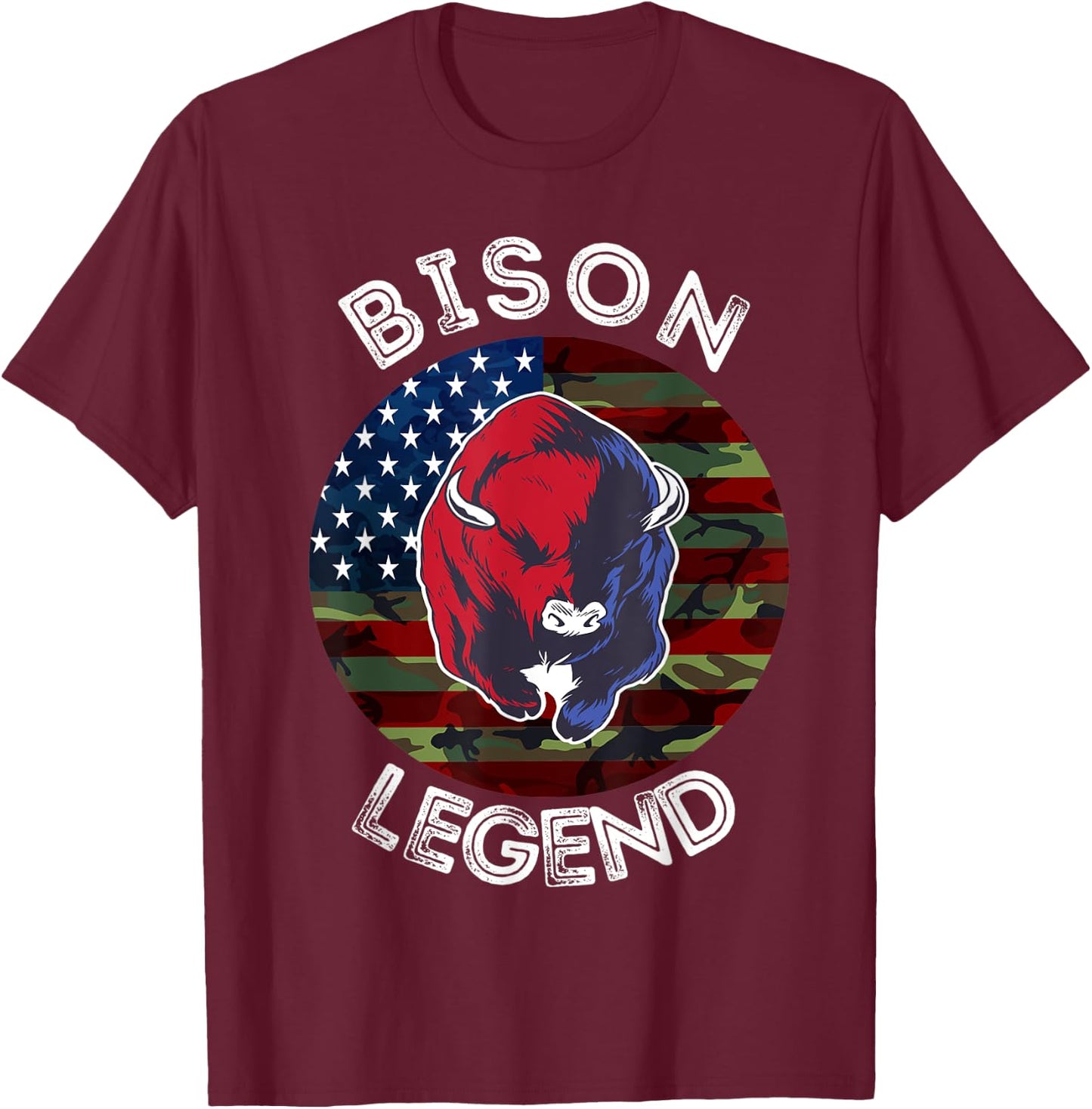 Bison Legend American Flag USA Camouflage Buffalo Cattle T-Shirt - T-Shirt | Maroon