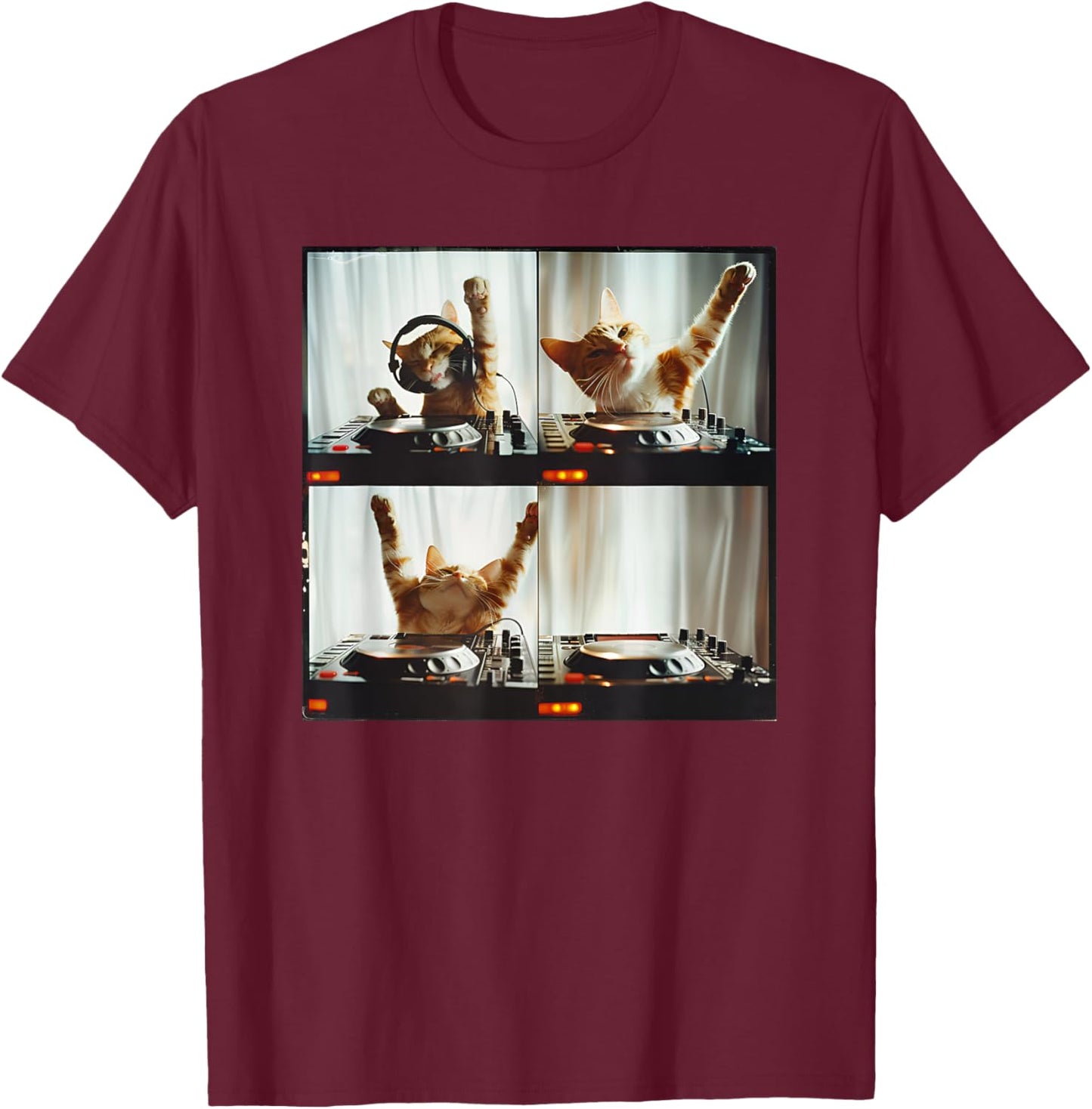 DJ Animal On Decks DJ Turntable Photo Booth Funny EDM Cat Women Kids T-Shirt - T-Shirt | Maroon