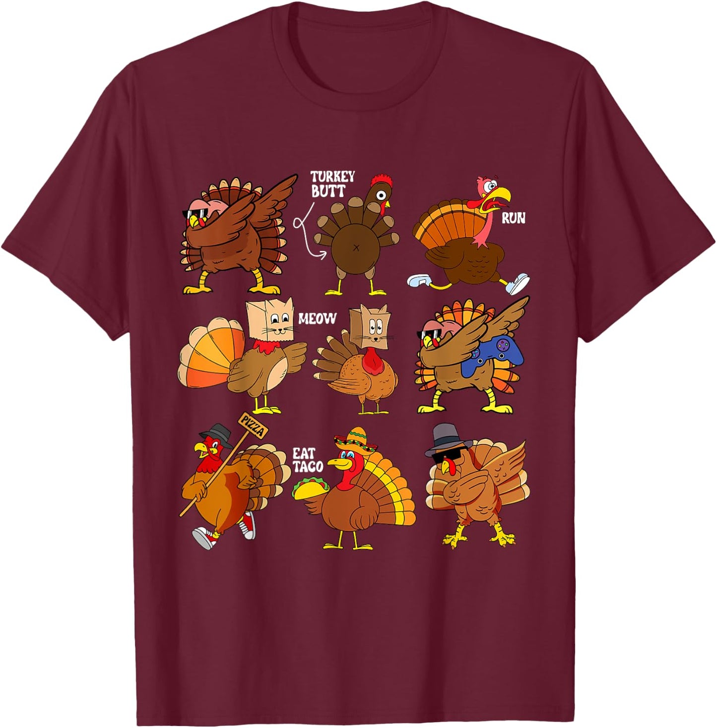 Funny Thanksgiving Turkey Gamer Taco Pizza Turkey Family T-Shirt - T-Shirt | Maroon