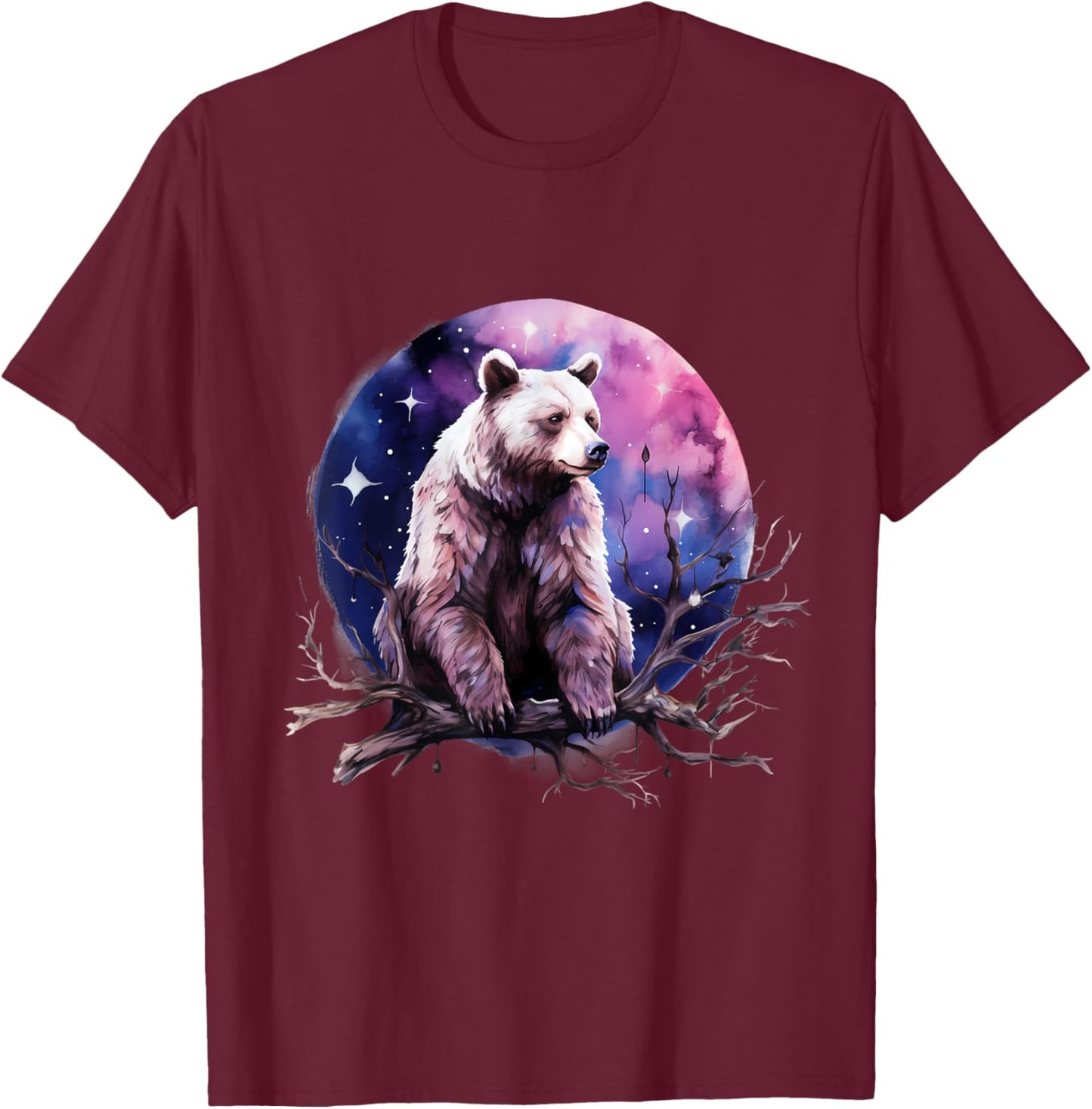 Bear Animal Art Motif Artwork Moon Forest Nature Wildlife T-Shirt - T-Shirt | Maroon