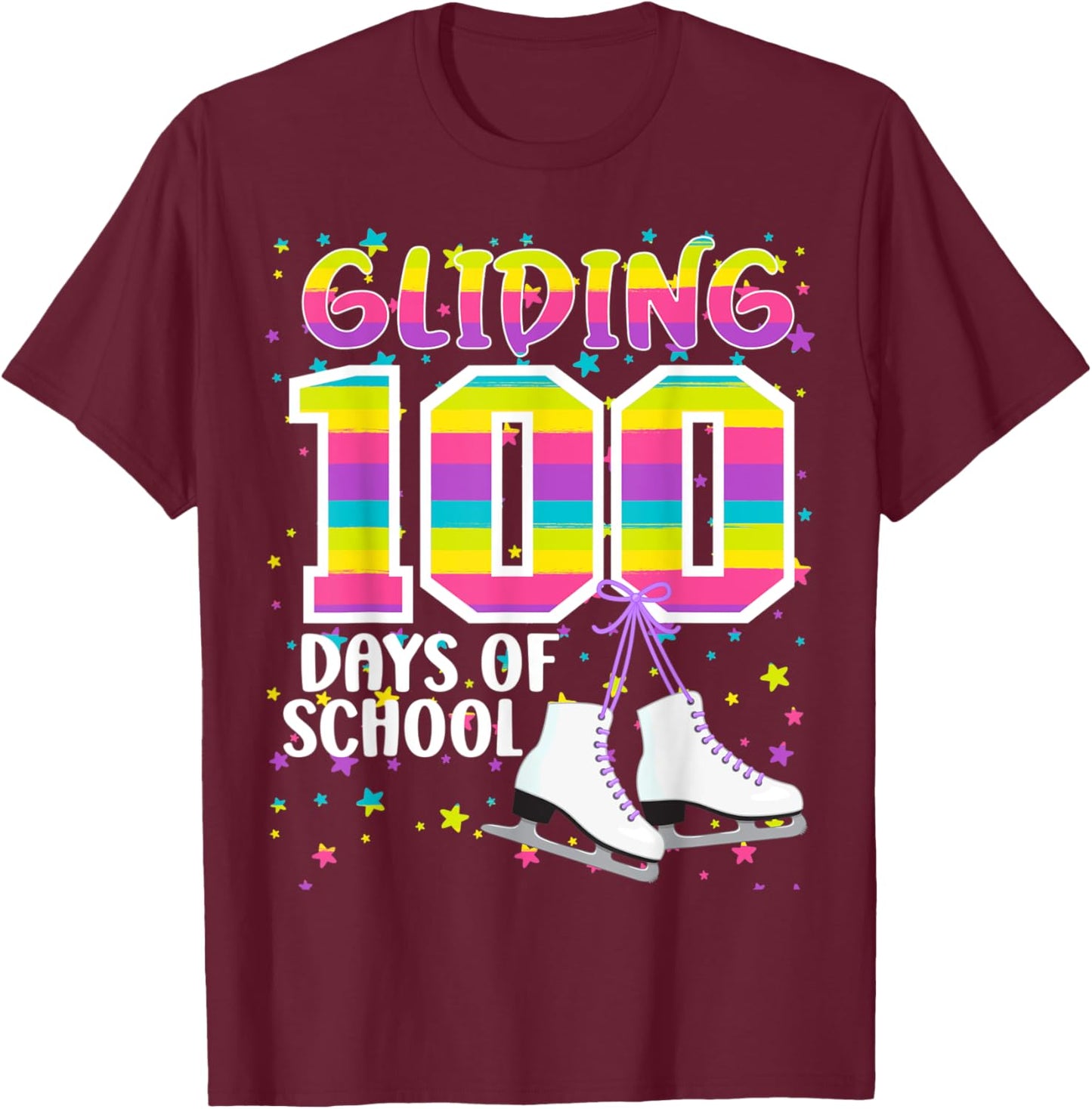 Gliding 100 days of School Kids Teachers Ice Skating 100 Day T-Shirt - T-Shirt | Maroon