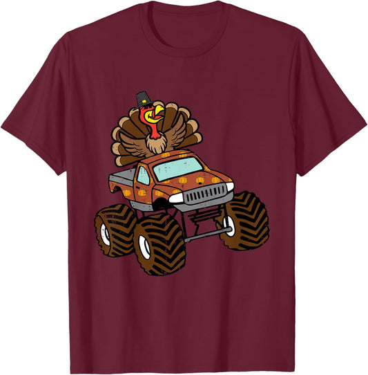 Kids Thanksgiving Turkey On Monster Truck Toddler Boys Kids Youth T-Shirt - T-Shirt | Maroon