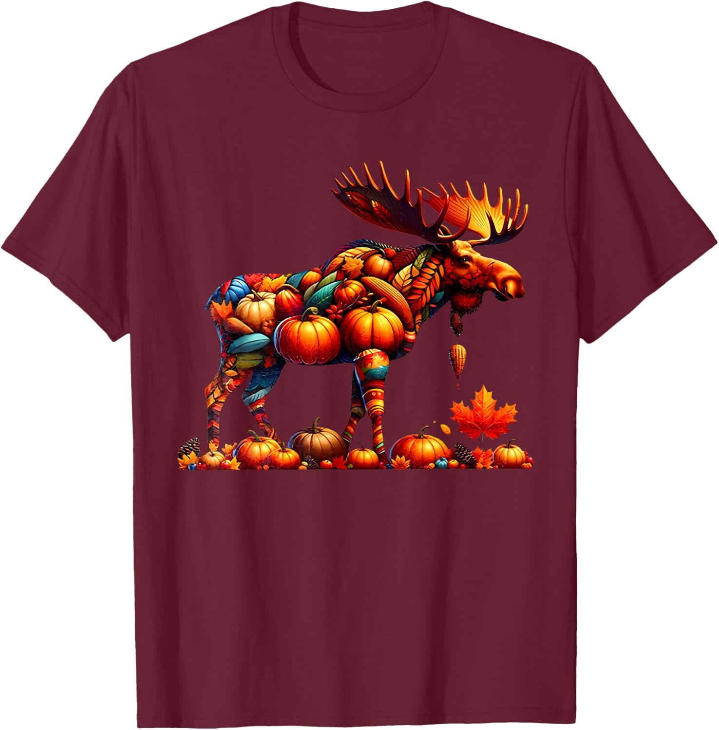 Moose Pumpkin Fall Thanksgiving Autumn Season Graphics T-Shirt - T-Shirt | Maroon