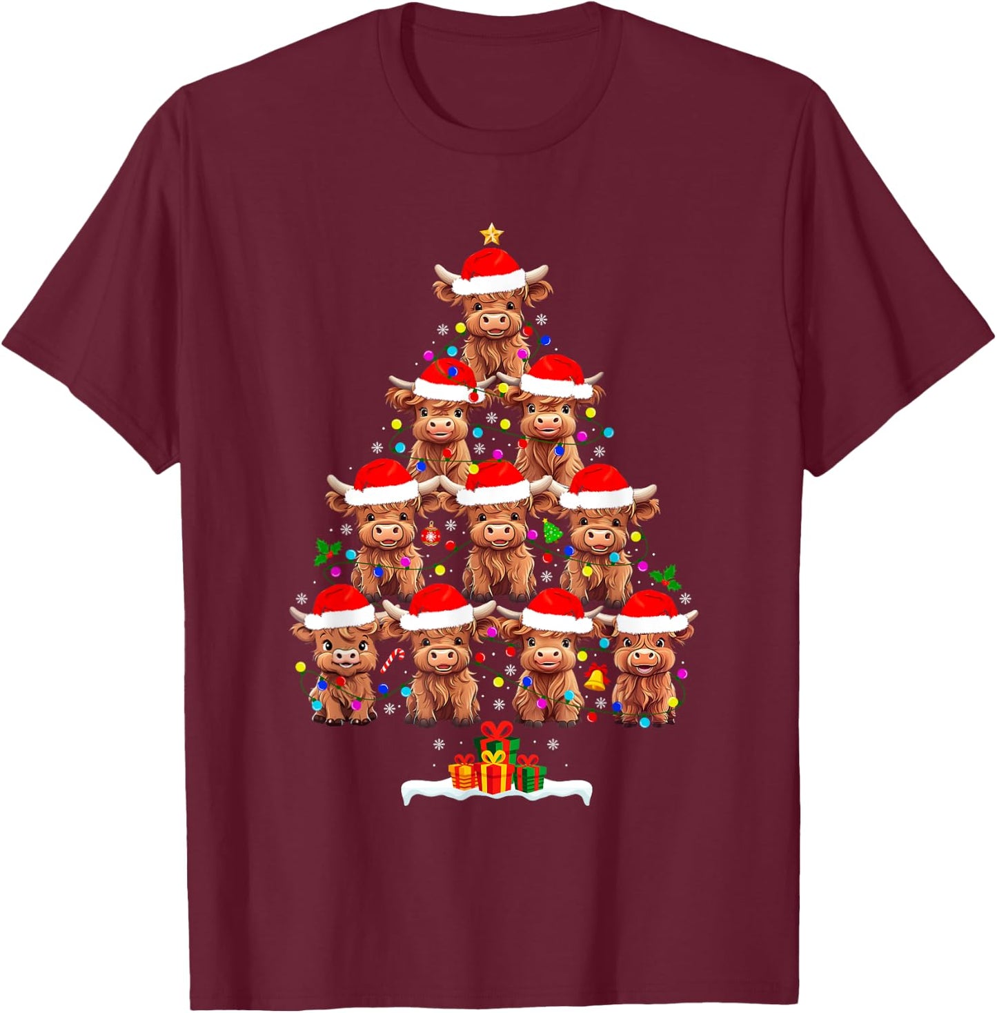Scottish Highland Cow Christmas Tree Lights Xmas Pajamas T-Shirt - T-Shirt | Maroon