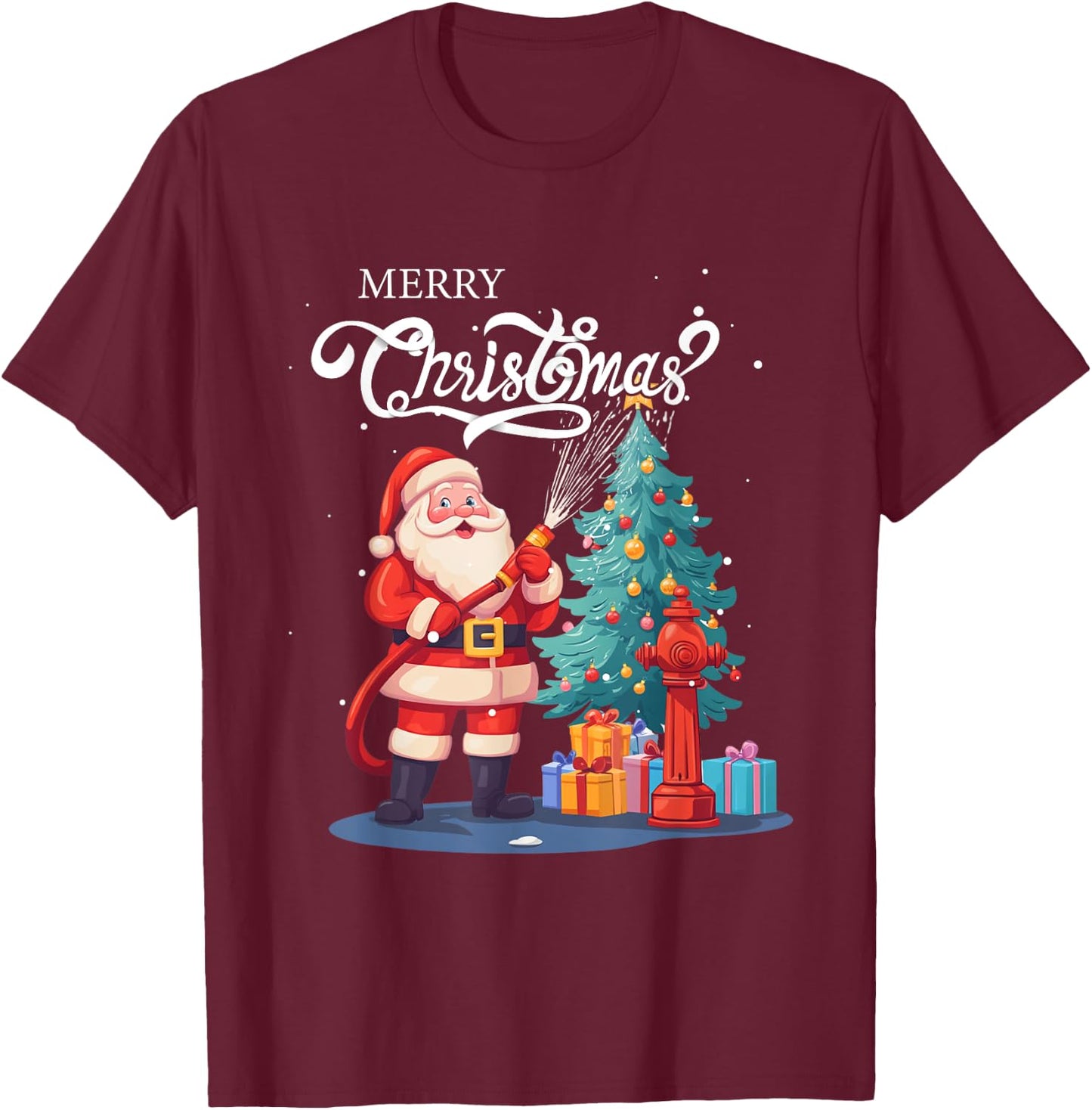 Firetruck Santa Sleigh Fireman Christmas Firefighter Xmas T-Shirt - T-Shirt | Maroon