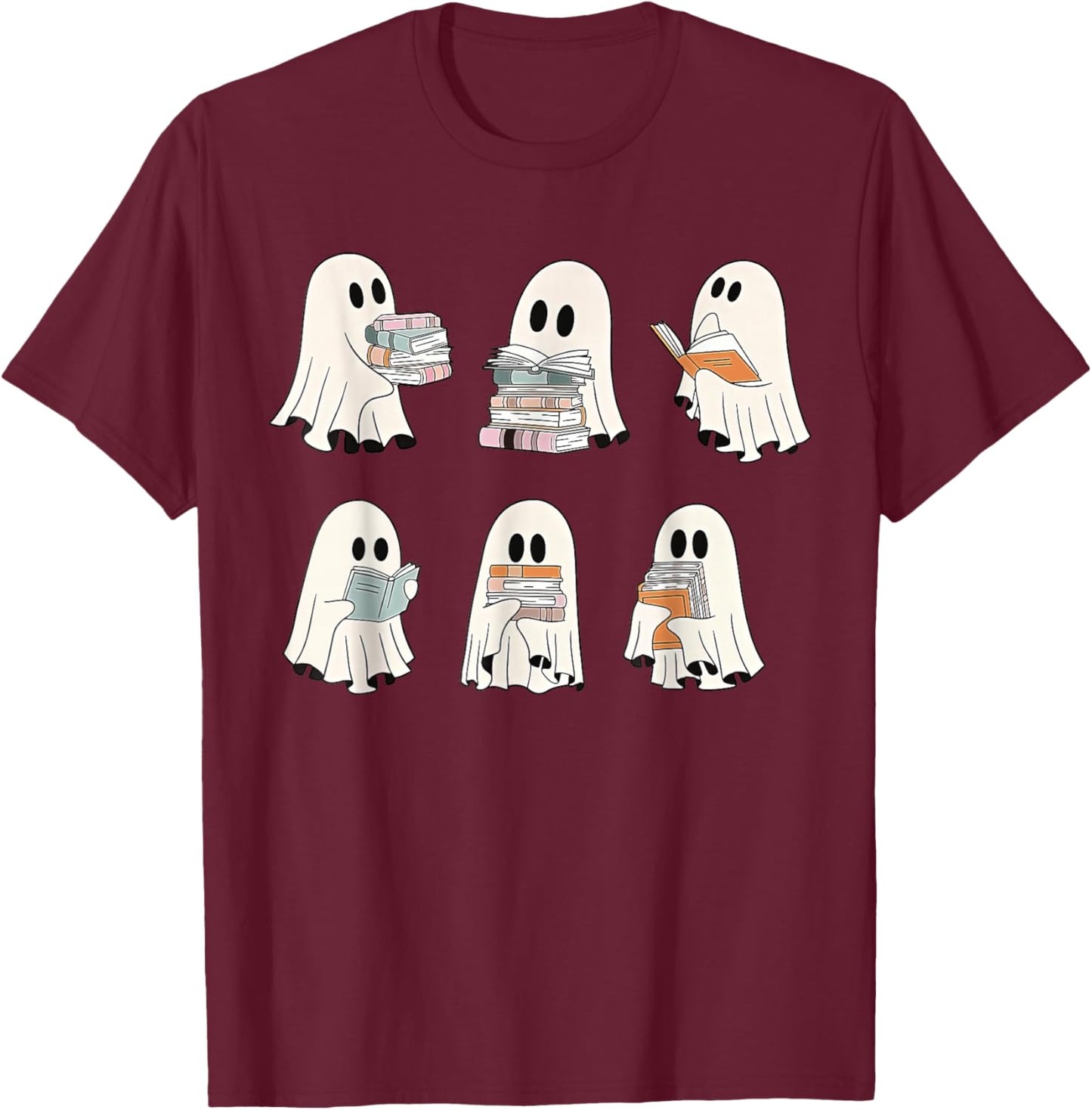 Retro Ghost Reading Books, Halloween bookish ghost bookworm T-Shirt - T-Shirt | Maroon