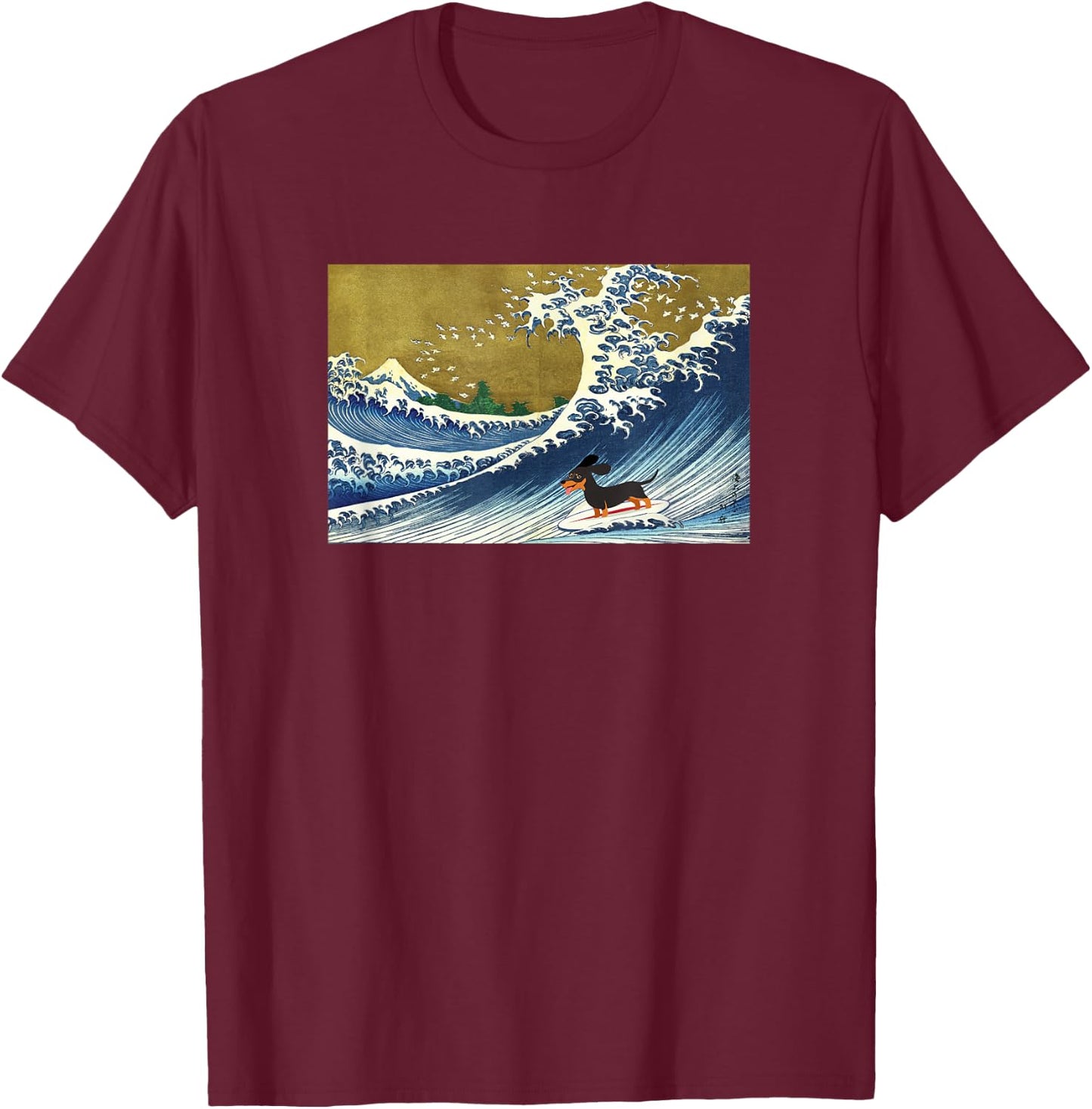 Funny Retro Vintage Surfing A Wave Black Dachshund Lover T-Shirt - T-Shirt | Maroon