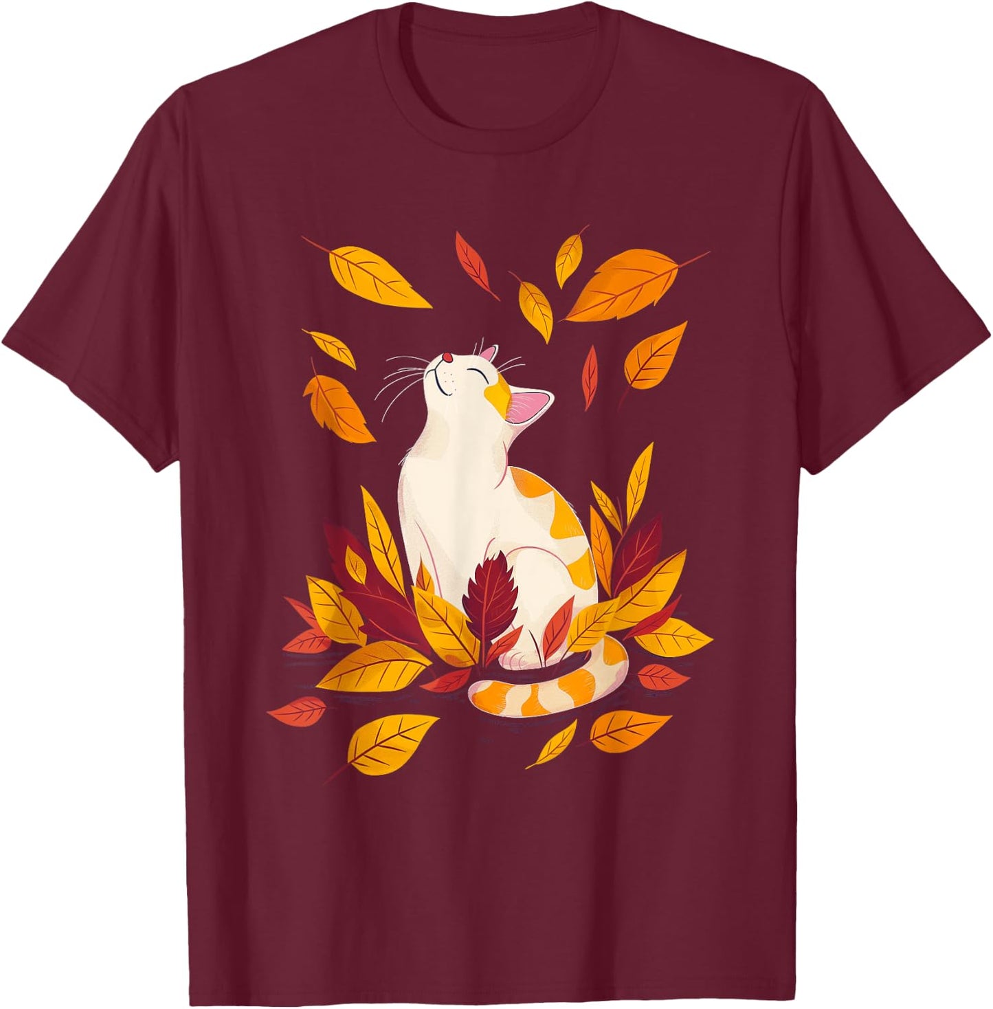 Cat Fall Leaf Tree Hello Autumn Thanksgiving T-Shirt - T-Shirt | Maroon