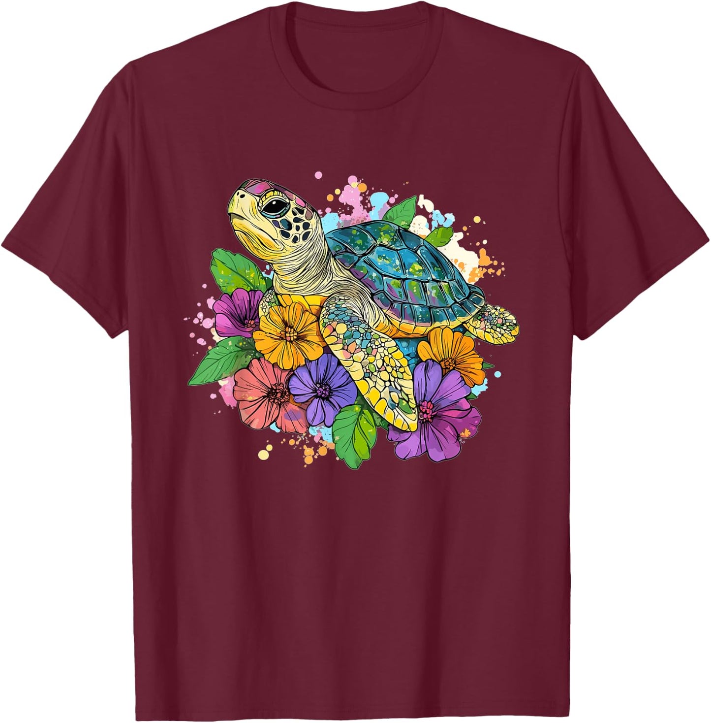 Vibrant Turtle with Flowers Splash T-Shirt - T-Shirt | Maroon