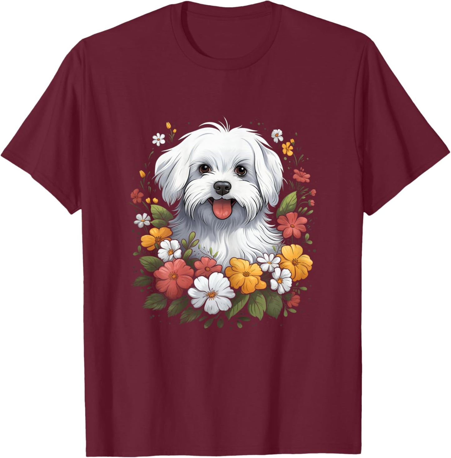 Maltese Mom Floral Dog Lover Vintage Flowers Cute T-Shirt - T-Shirt | Maroon