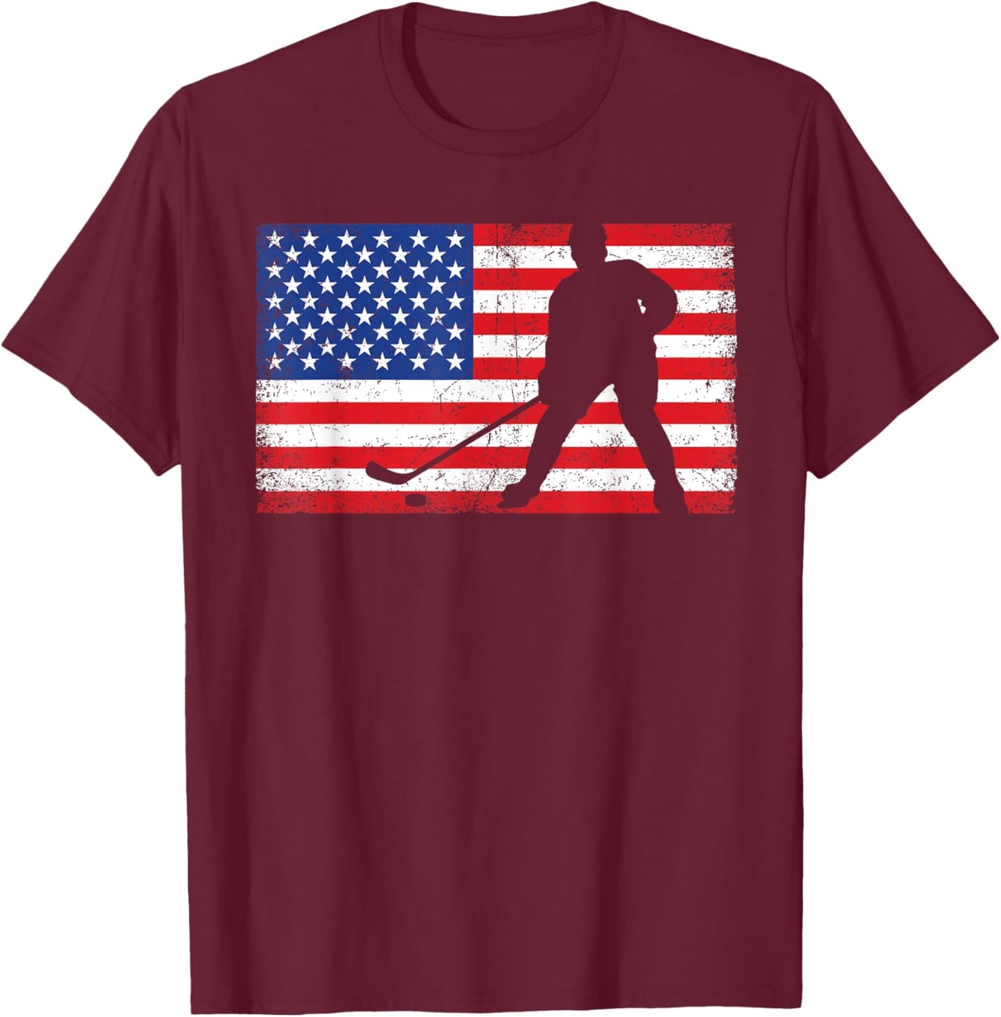 Red White Blue USA Flag Ice Hockey Player 4th of July T-Shirt - T-Shirt | Maroon