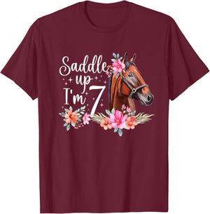 Kids 7th Horse Birthday Seven Year Old Girl Horses Birthday T-Shirt - T-Shirt | Maroon
