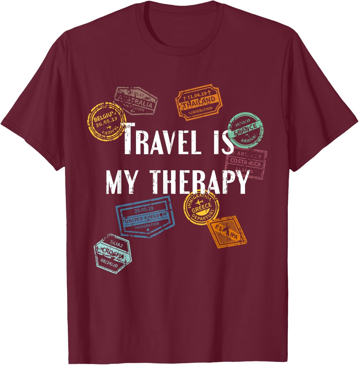 Travel Is my Therapy Distressed World Traveler Passport T-Shirt - T-Shirt | Maroon