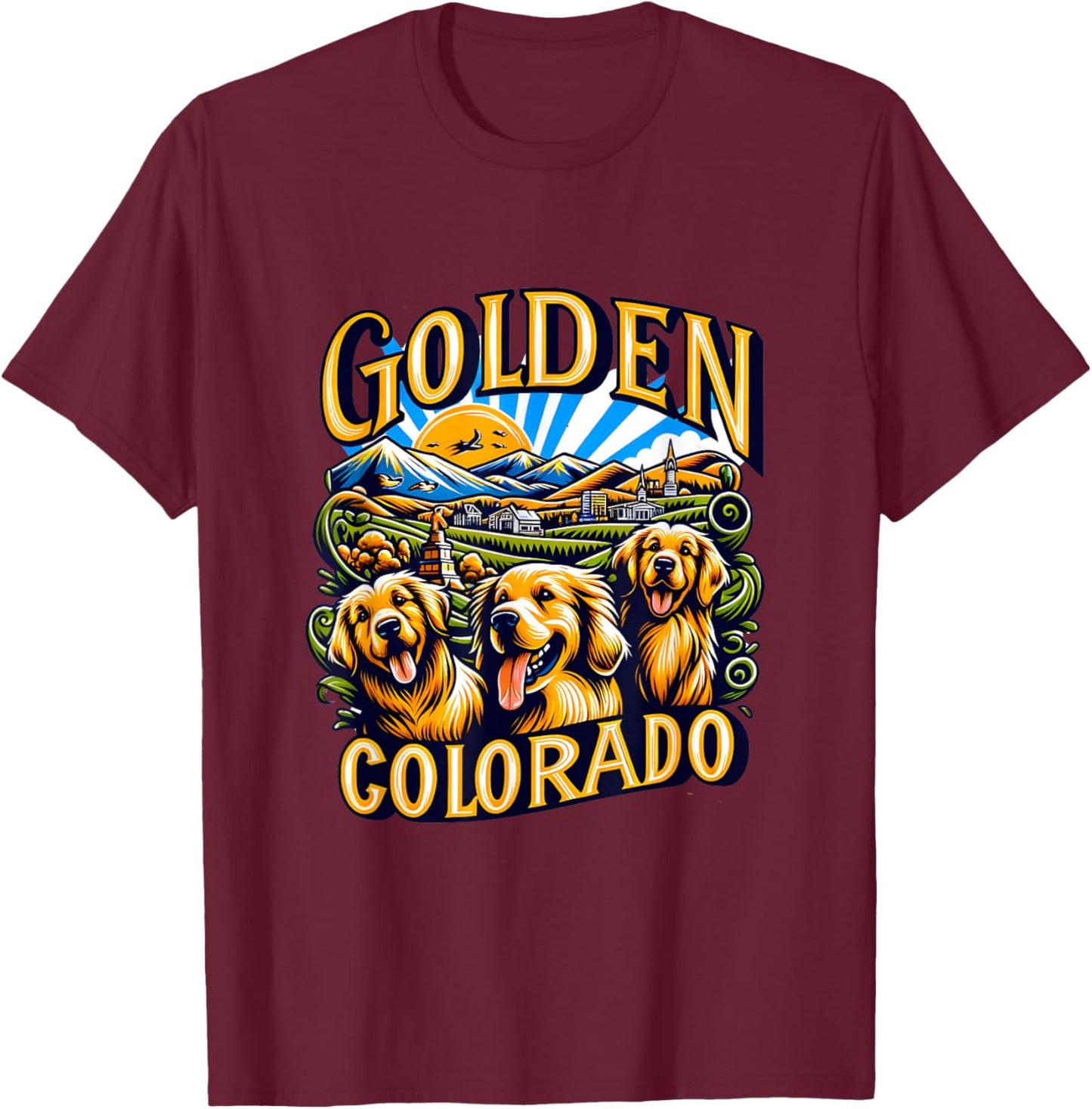Golden Retrievers in Golden Colorado T-Shirt - T-Shirt | Maroon