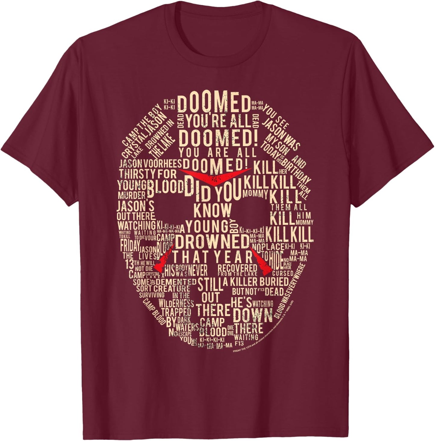 Friday The 13th Jason Mask Text Fill T-Shirt - T-Shirt | Maroon