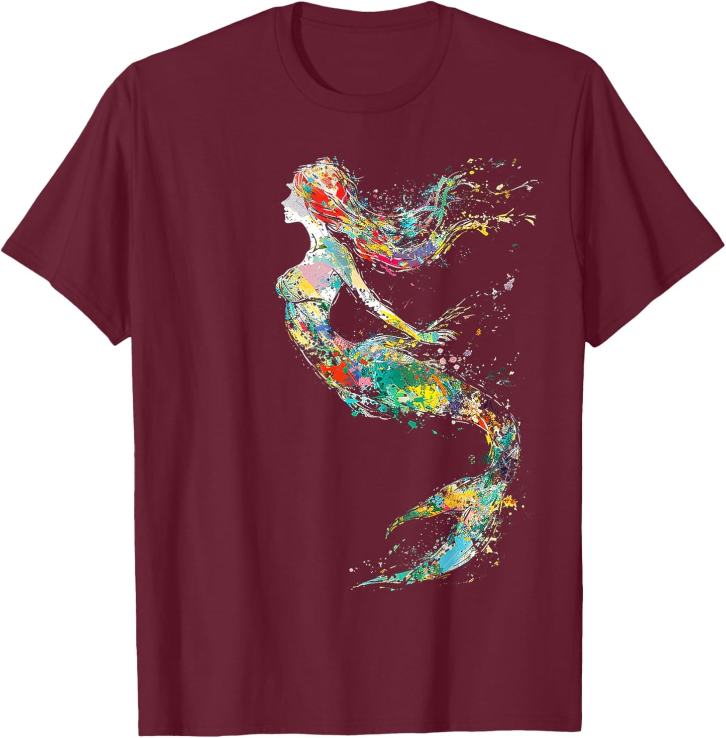 Mermaid Colorful Painting Art Graphic Abstract Motif Mermaid T-Shirt - T-Shirt | Maroon