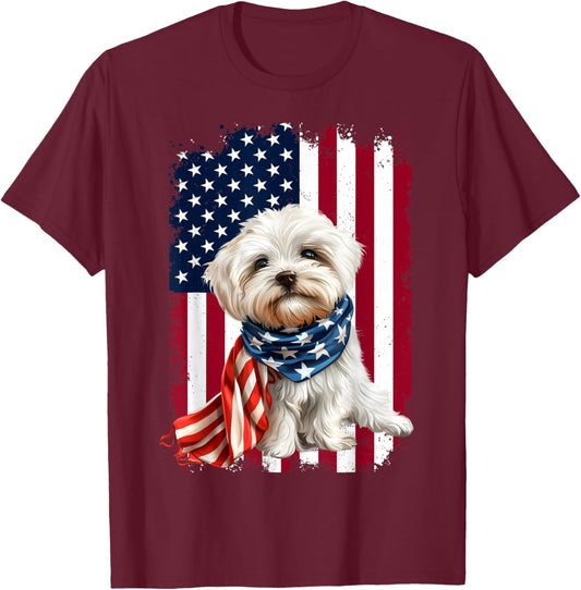 Maltese dog American Flag 4th Of July Maltese dog Lovers T-Shirt - T-Shirt | Maroon