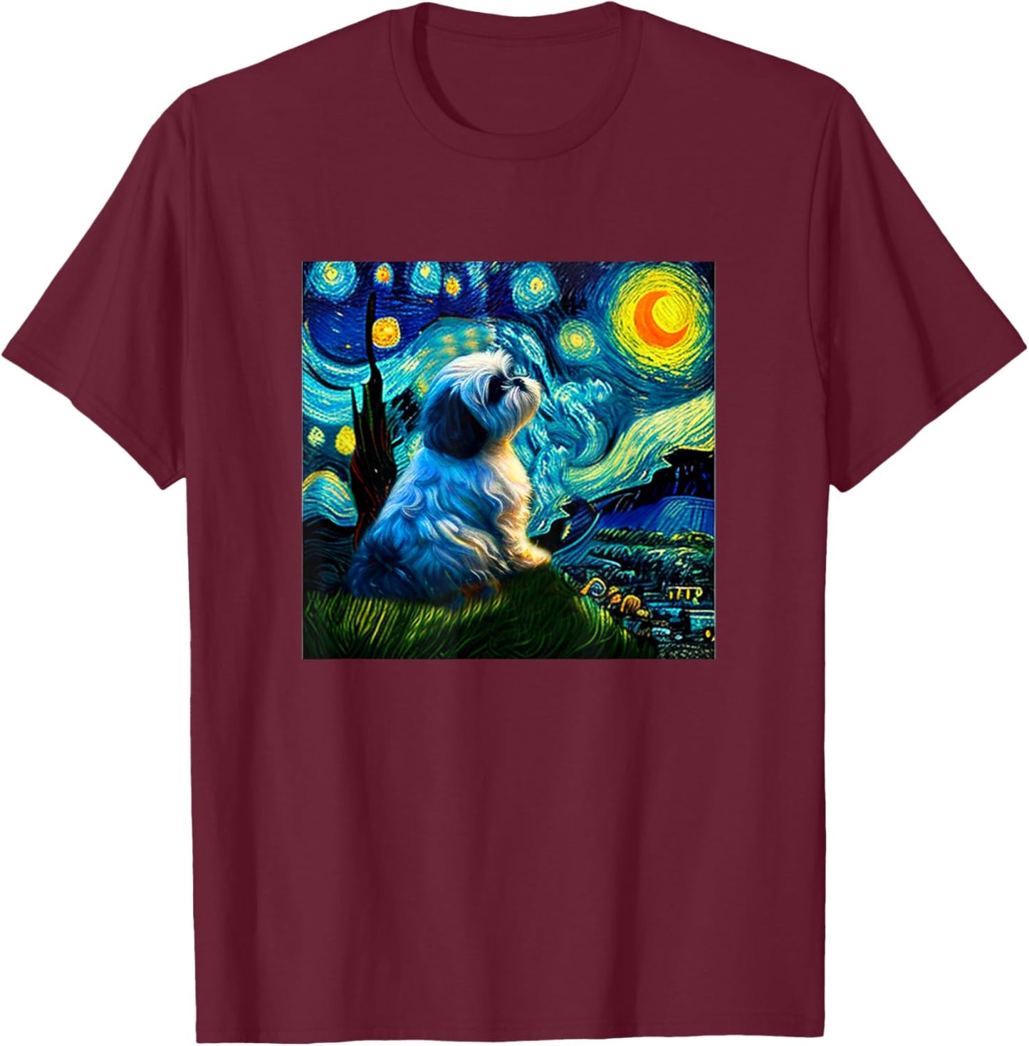 Shih Tzu Funny , Dog, Van Gogh, Starry Night, Cute, Men's, Kids, Funny, Clothes, Goods, Gift T-Shirt - T-Shirt | Maroon
